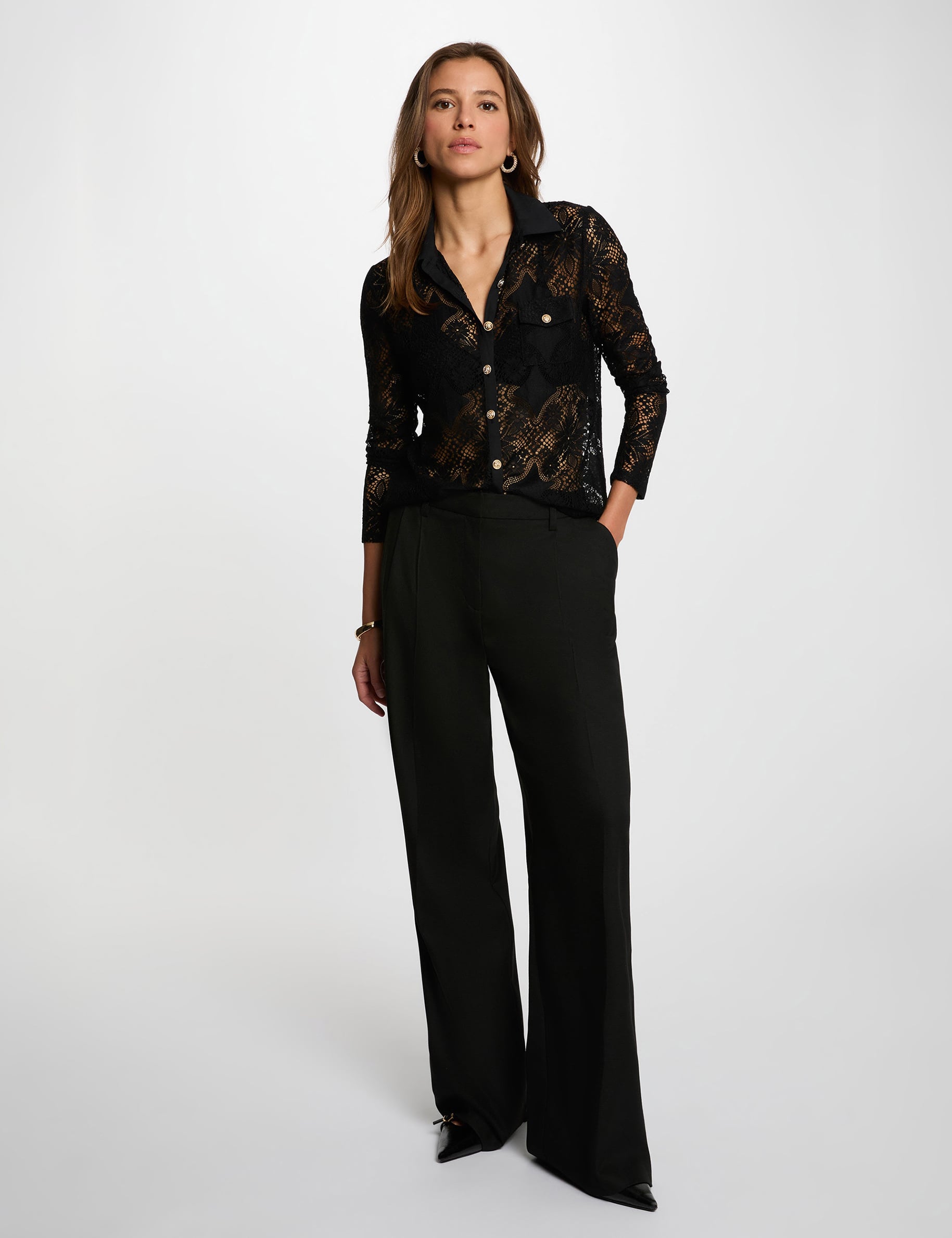 Chemise dentelle col &agrave; revers noir femme