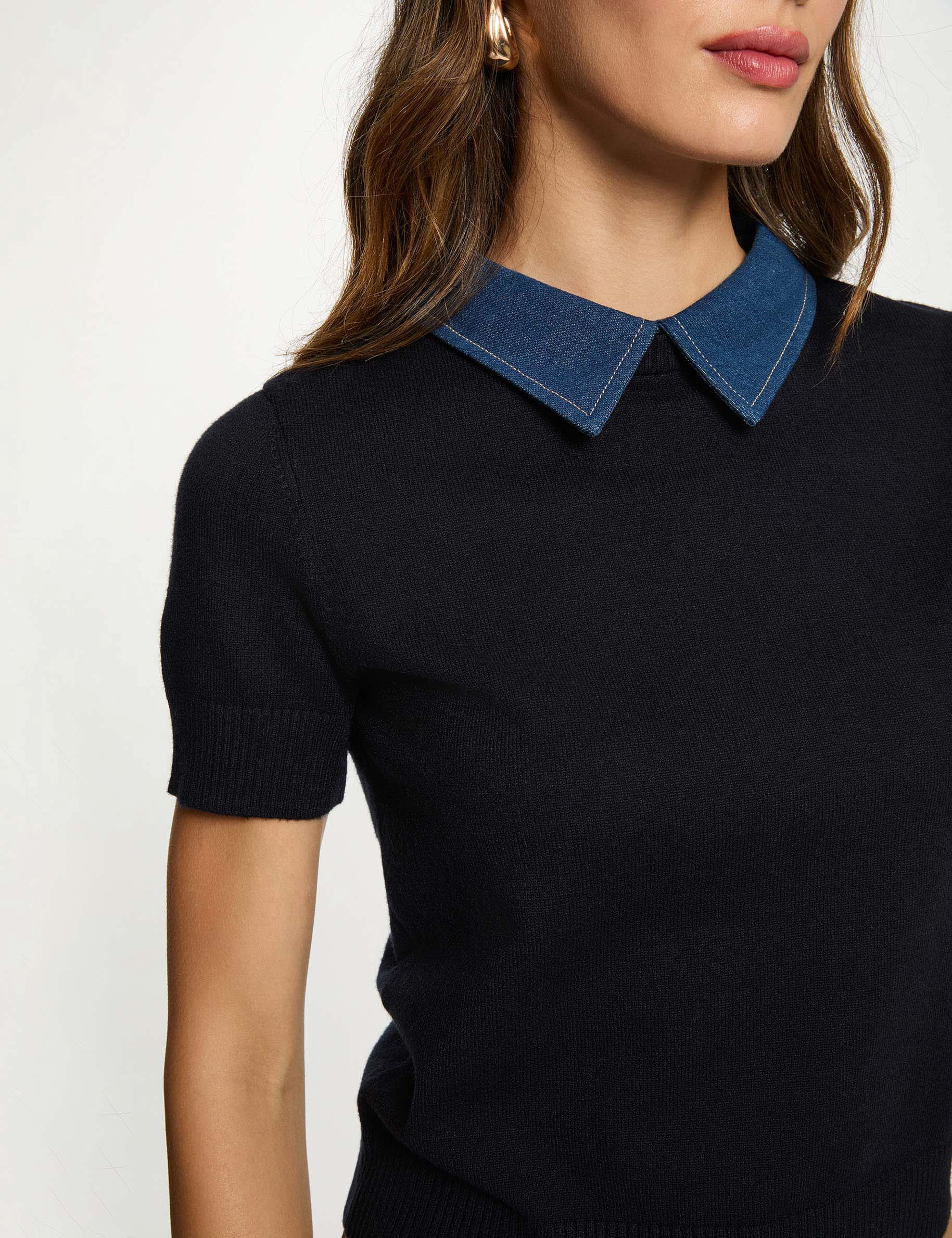 Pull col &agrave; revers bleu marine femme