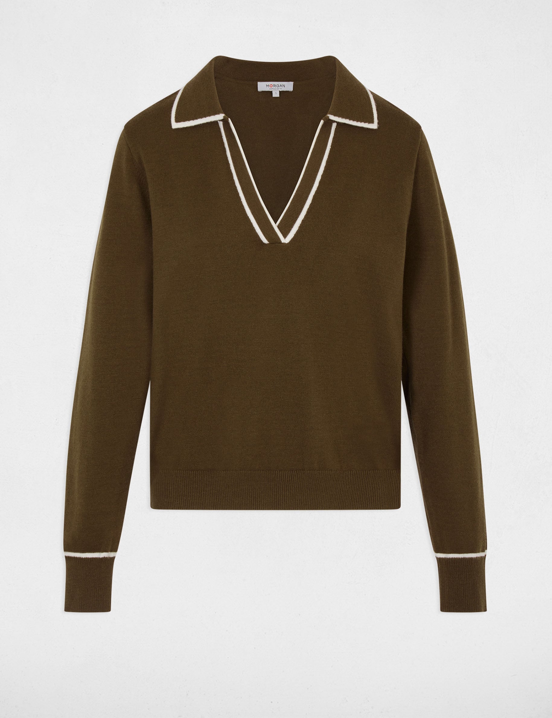 Pull col polo vert kaki femme