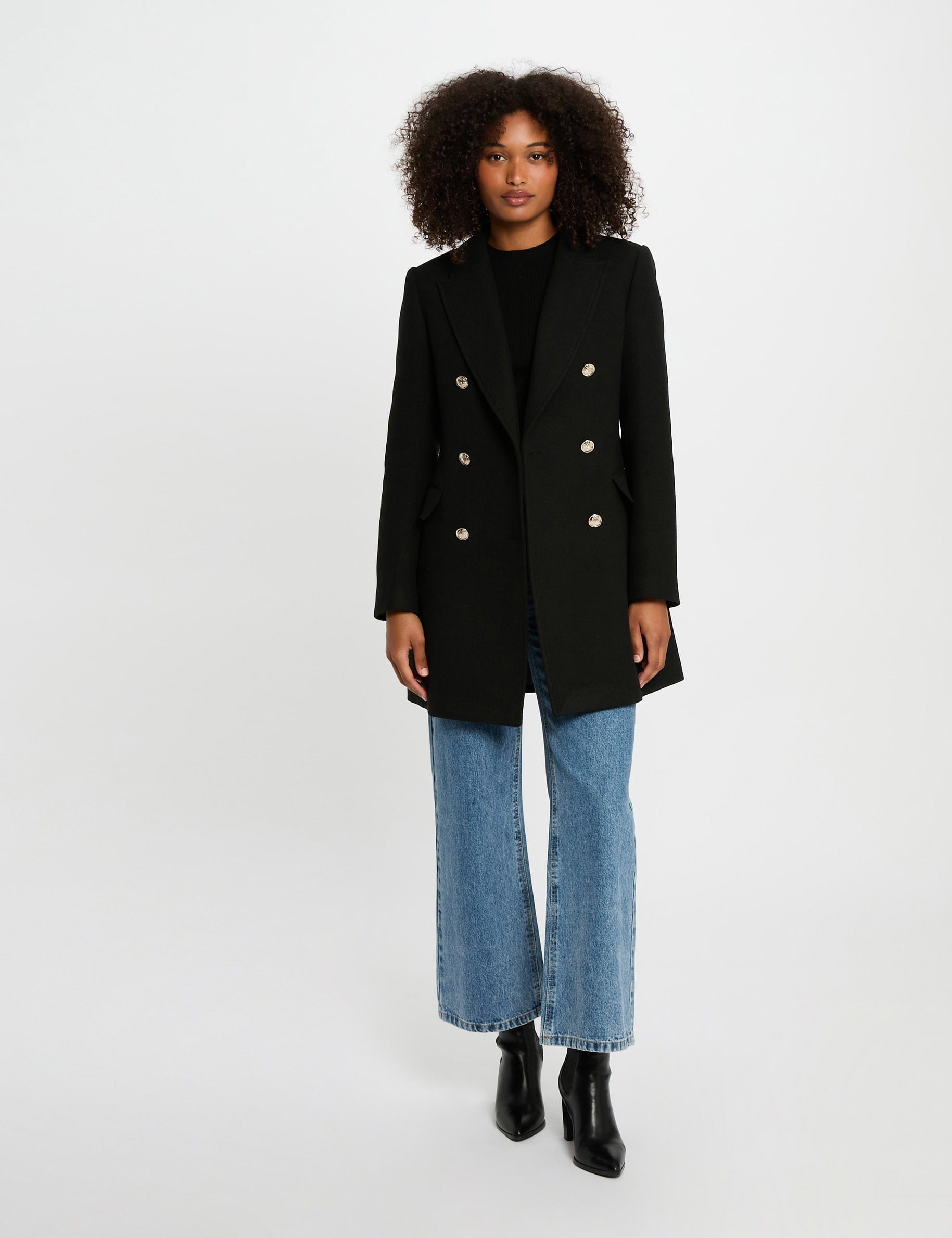 Manteau mi-long avec boutons noir femme