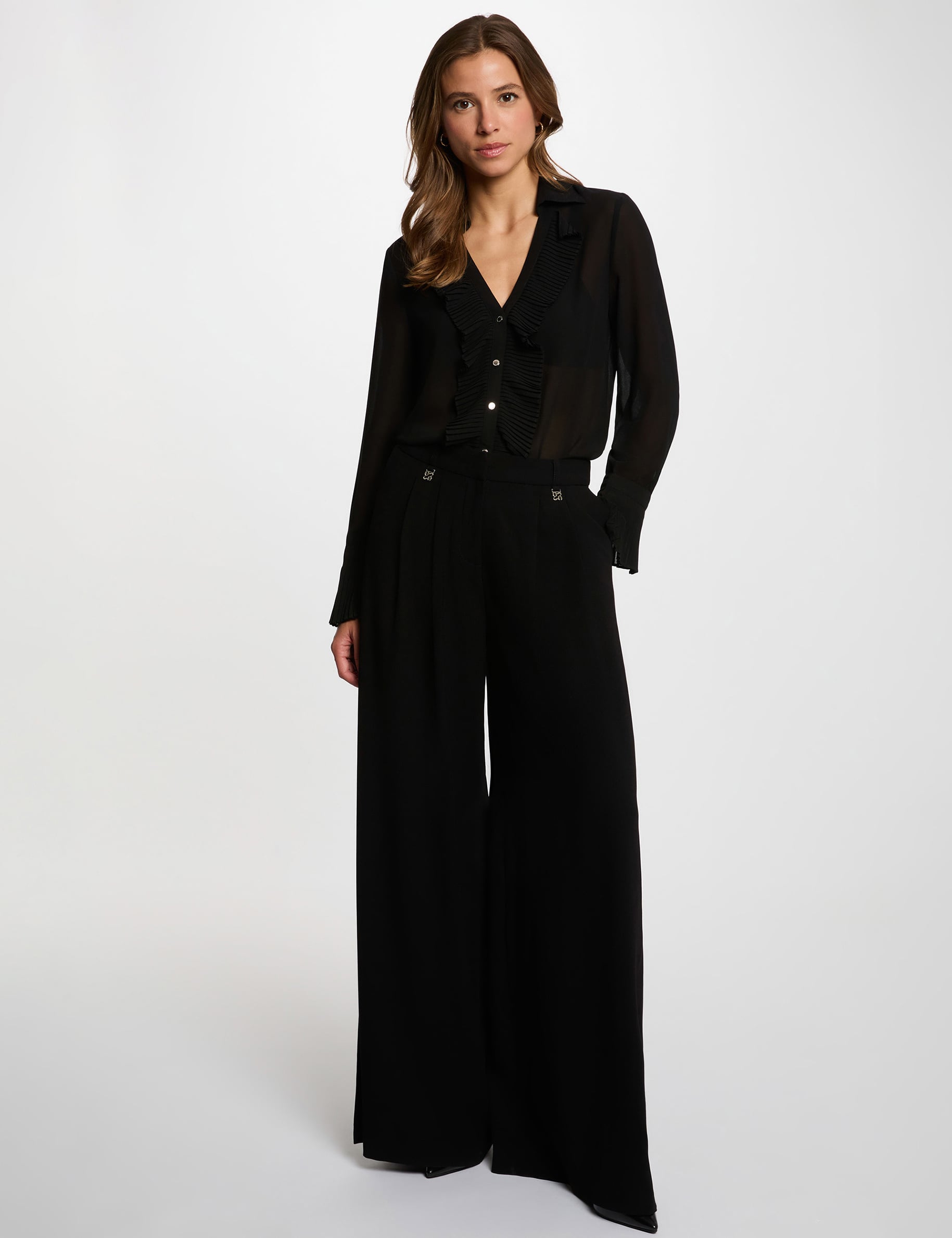 Chemise voile col &agrave; revers noir femme
