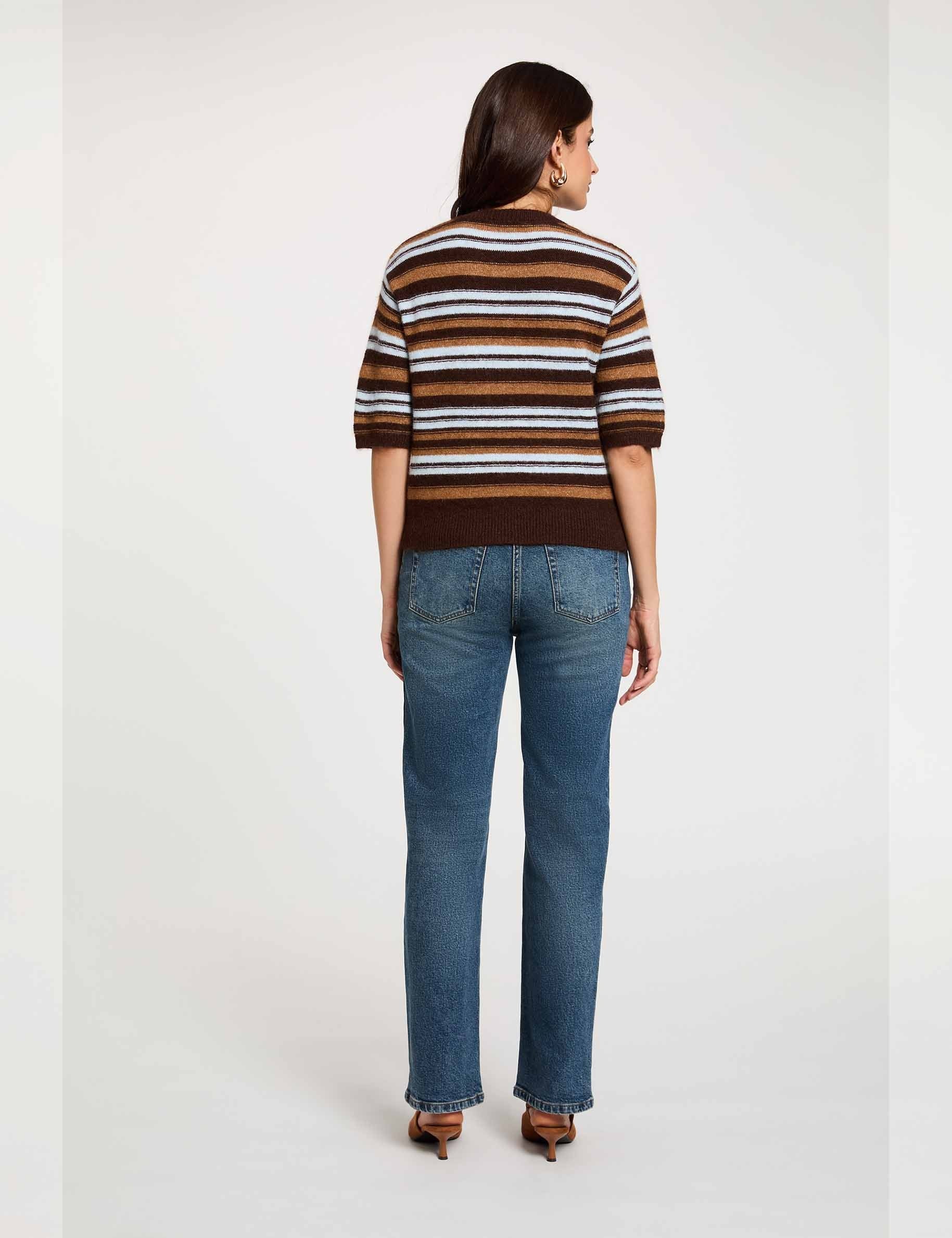 Pull manches courtes ray&eacute; marron femme