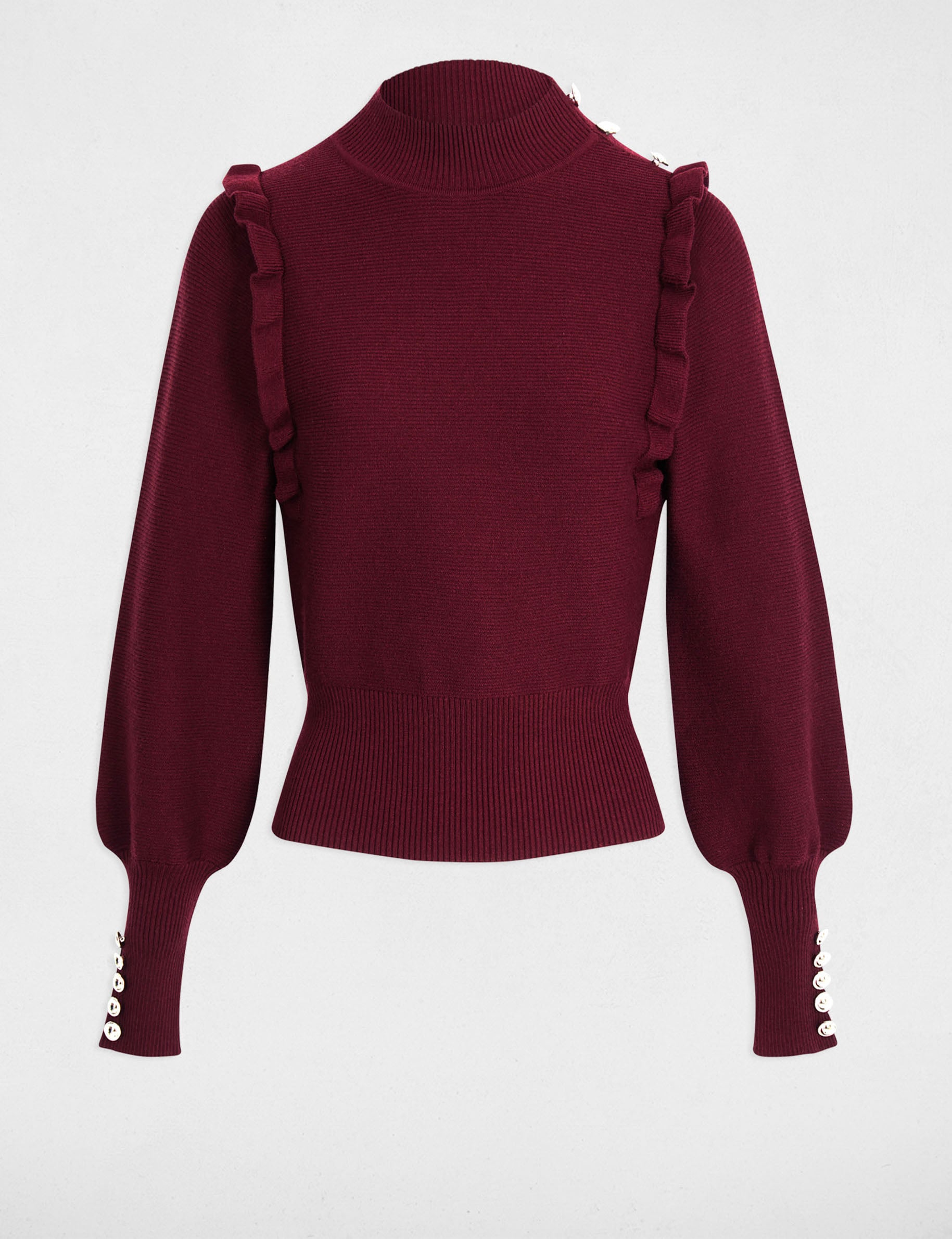 Pull manches longues avec volants prune femme