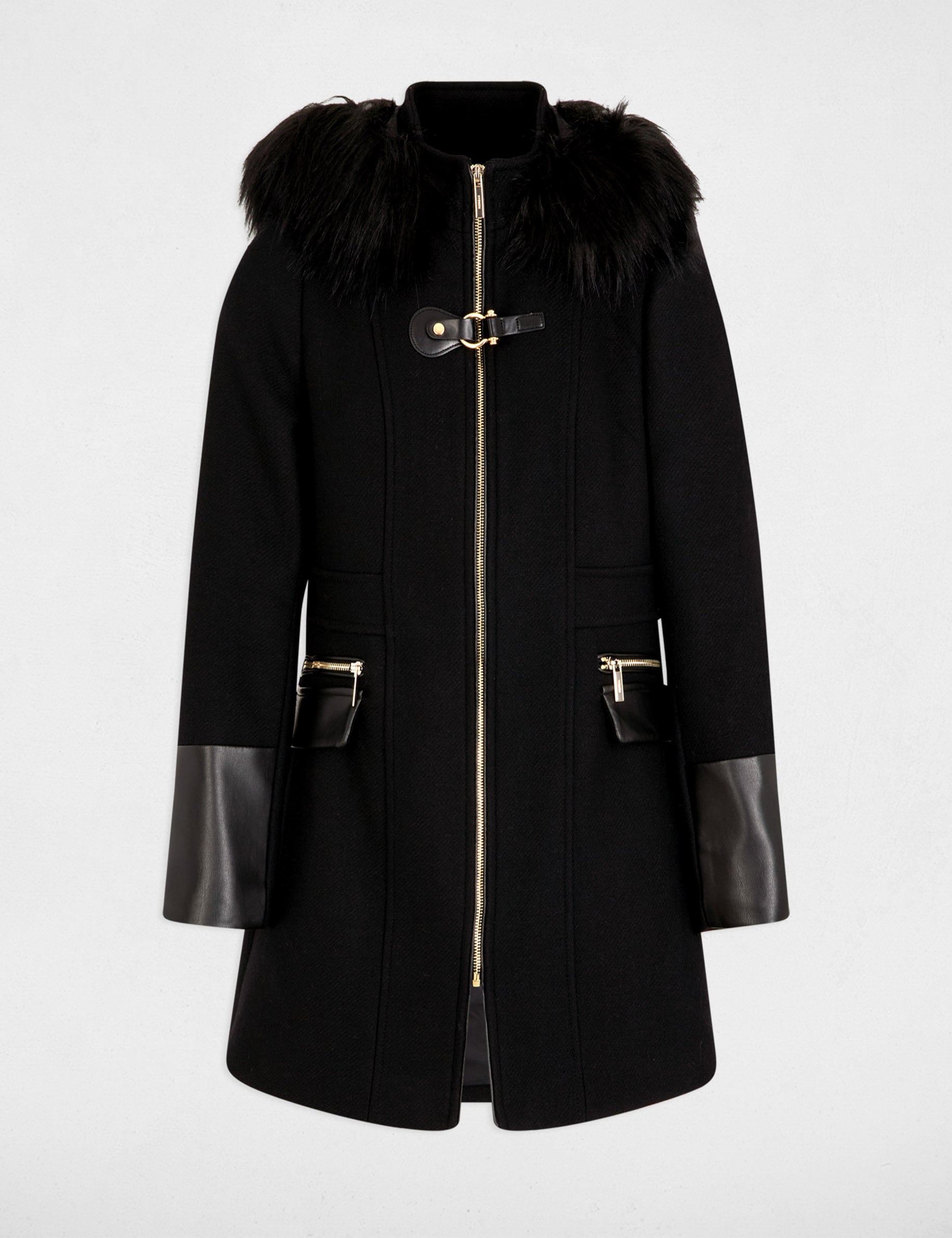 Manteau droit zipp&eacute; &agrave; capuche noir femme
