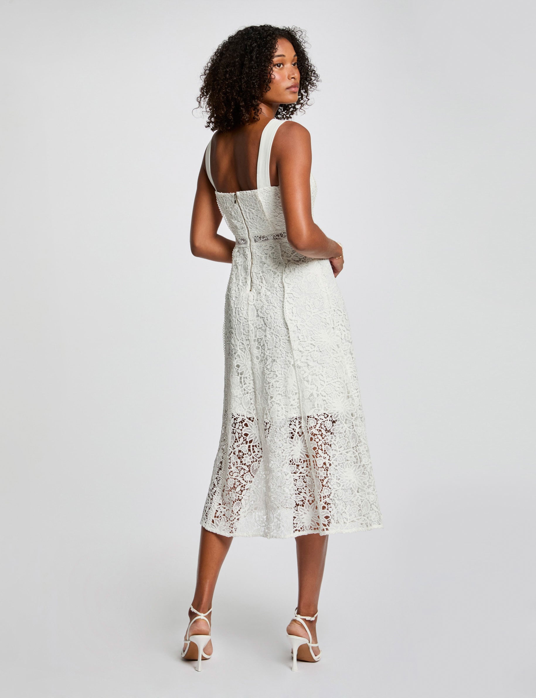 Robe midi trap&egrave;ze dentelle blanc femme