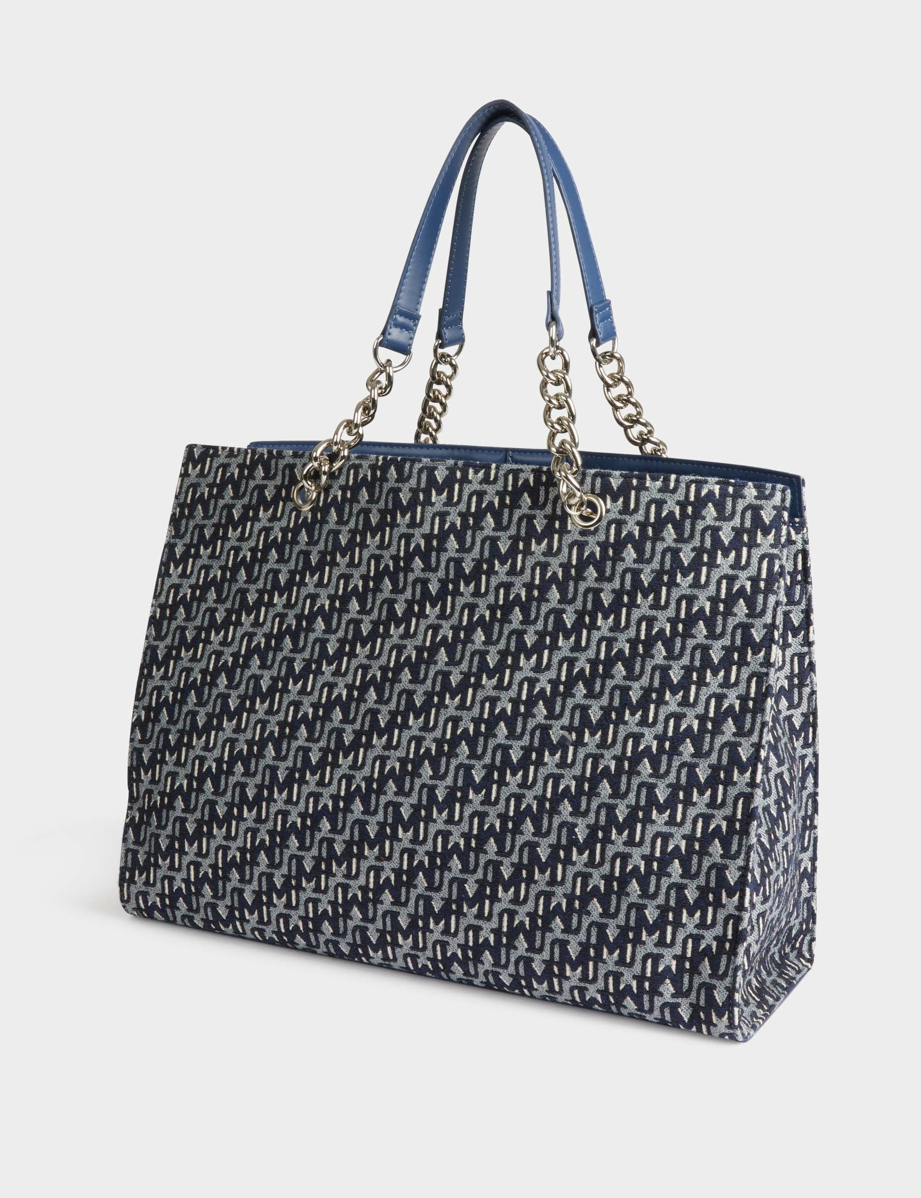 Sac cabas imprim&eacute; monogramme denim stone femme