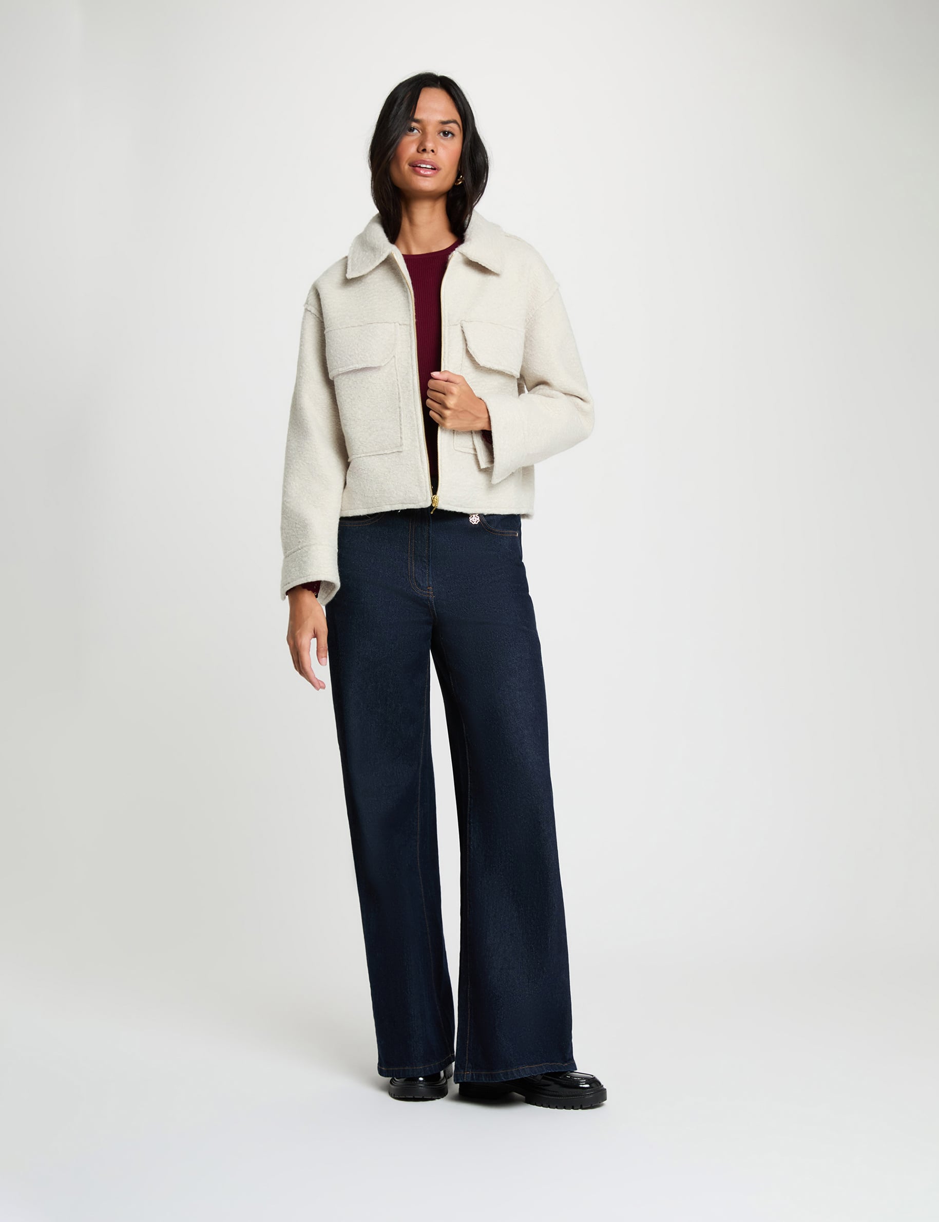 Manteau court duveteux ivoire femme
