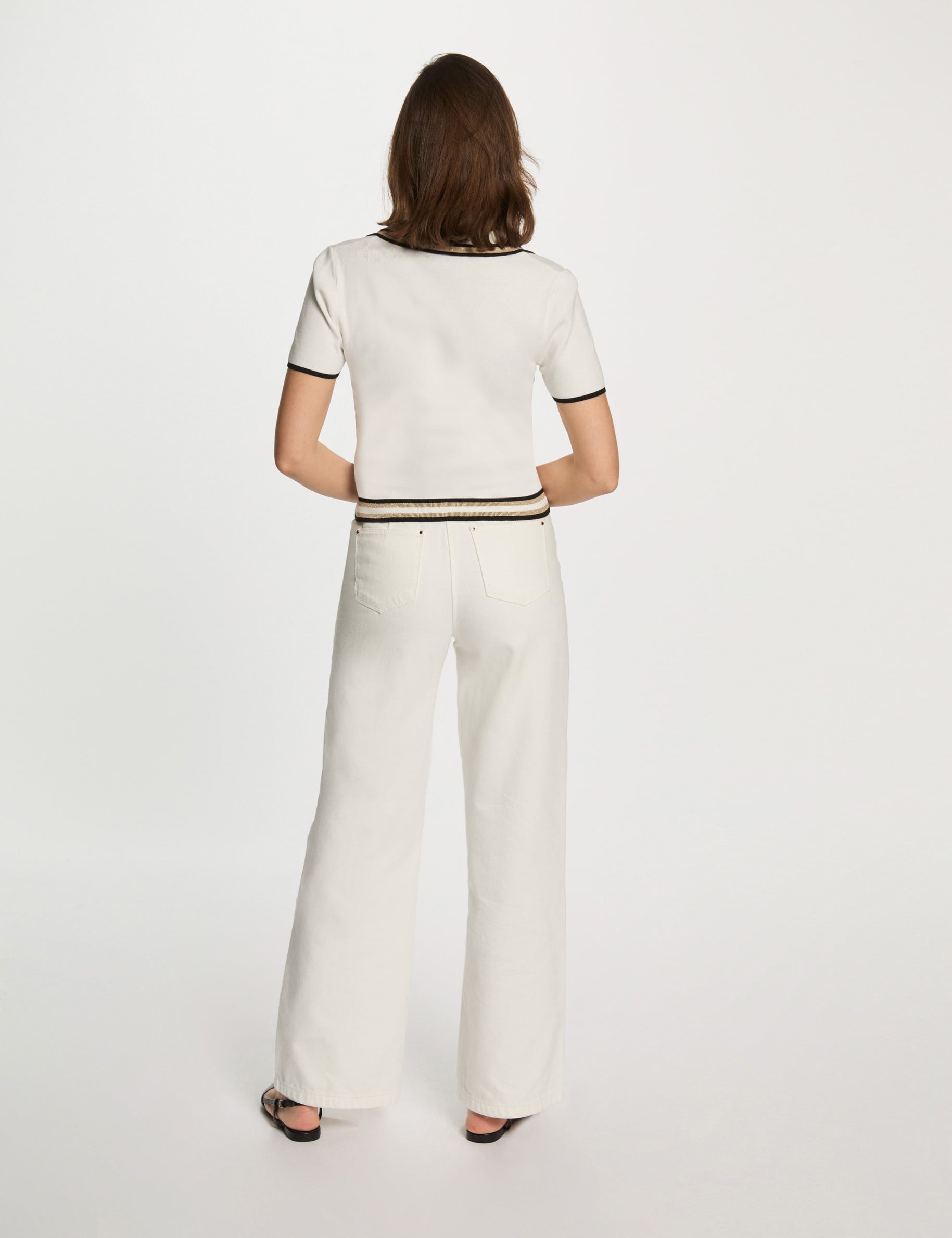 Pull col polo manches courtes blanc femme