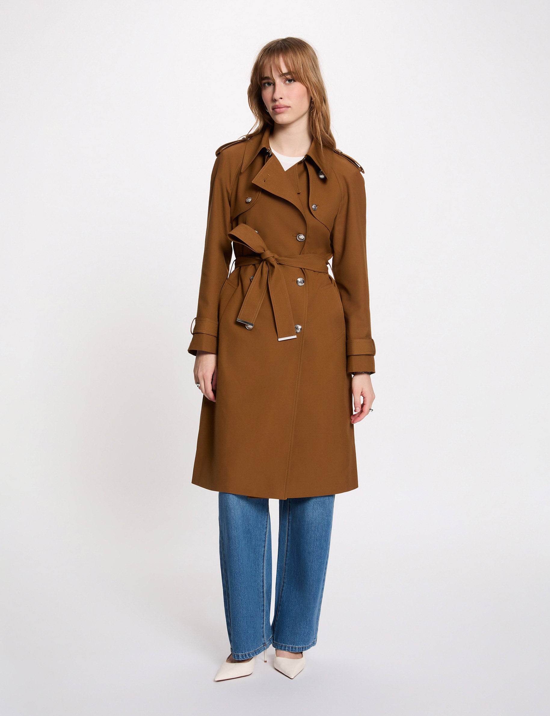 Trench long ceintur&eacute; camel femme
