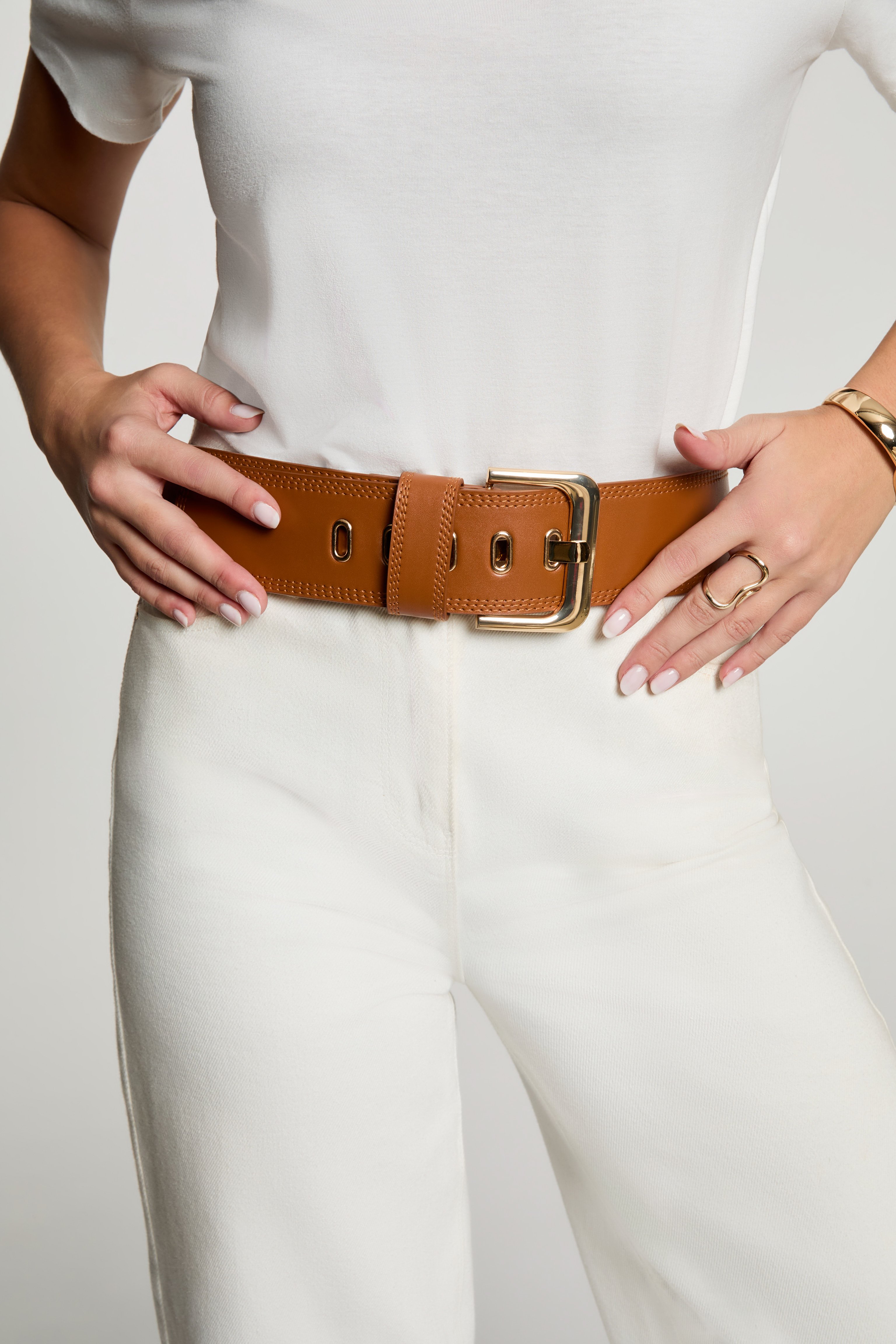 Ceinture large similicuir camel femme