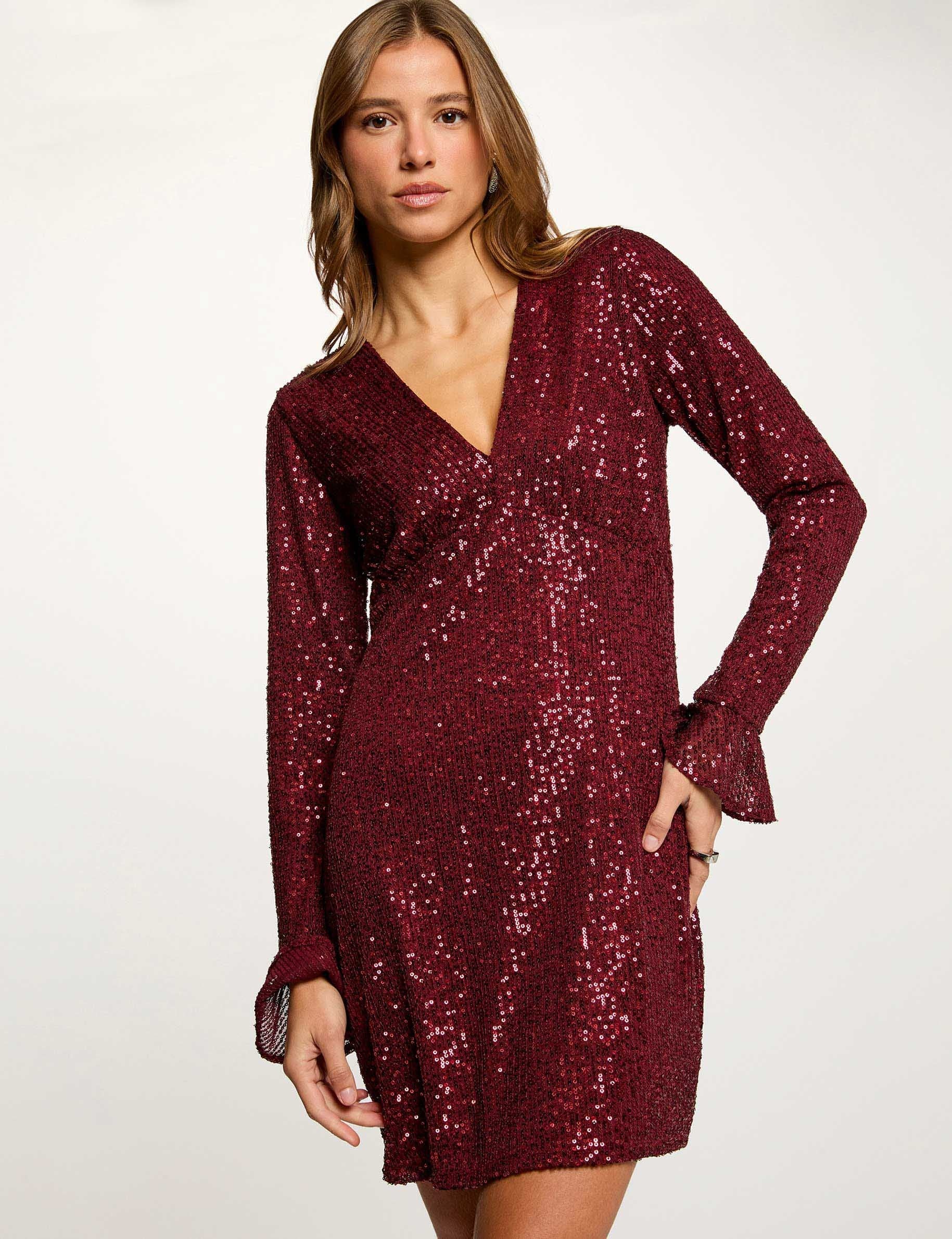 Robe courte &agrave; sequins prune femme