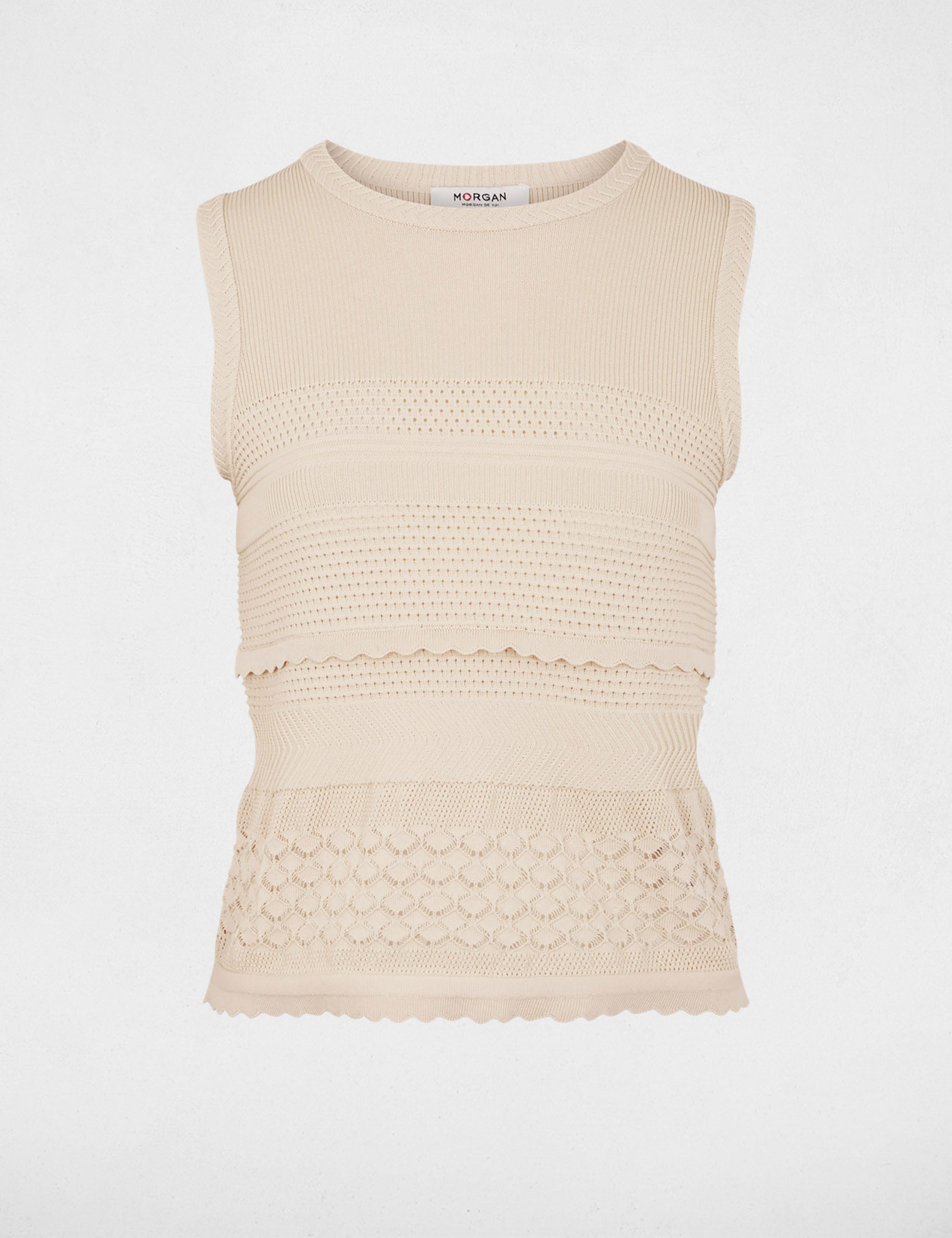 Pull sans manches col rond beige femme