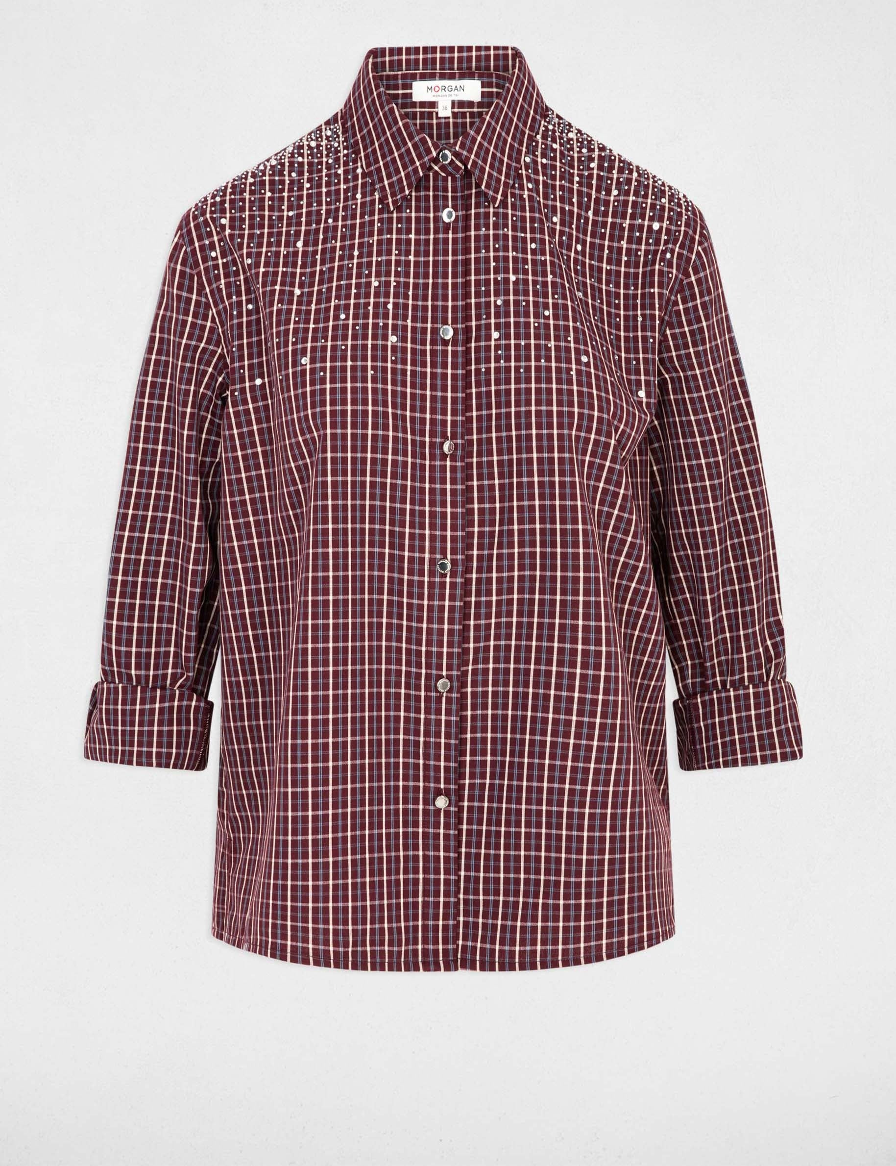 Chemise &agrave; carreaux strass bordeaux femme