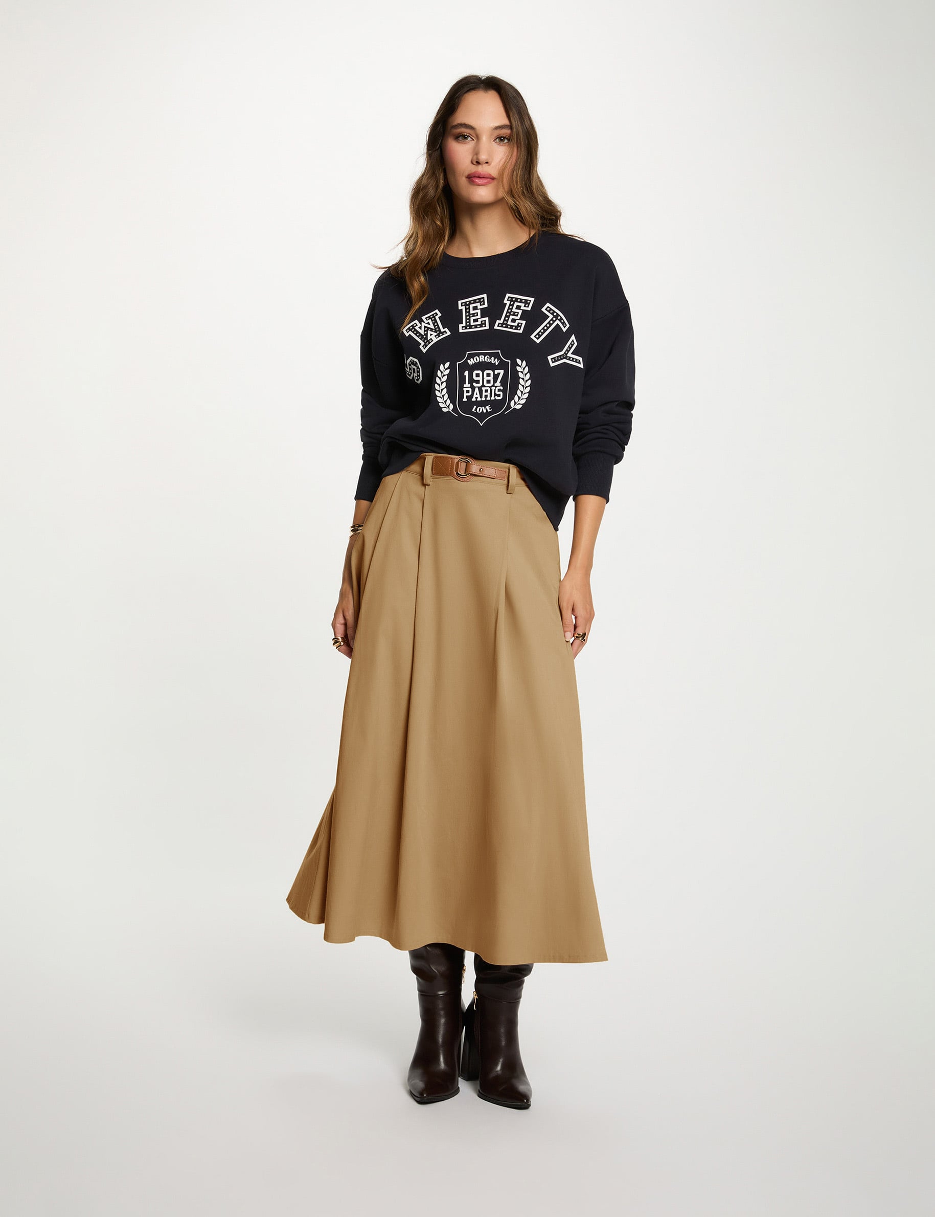 Jupe &eacute;vas&eacute;e taille haute beige femme