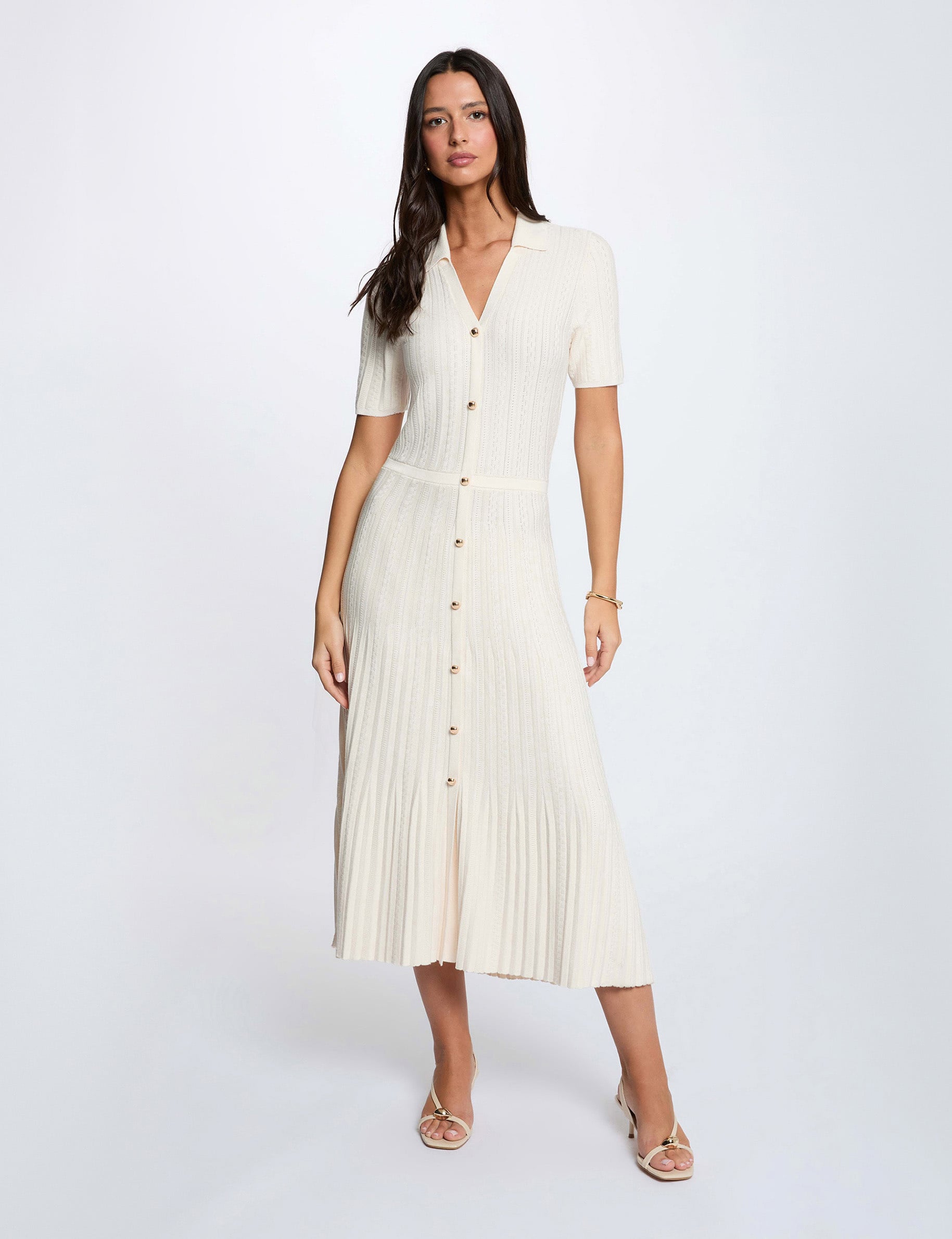 Robe tricot col &agrave; revers ivoire femme