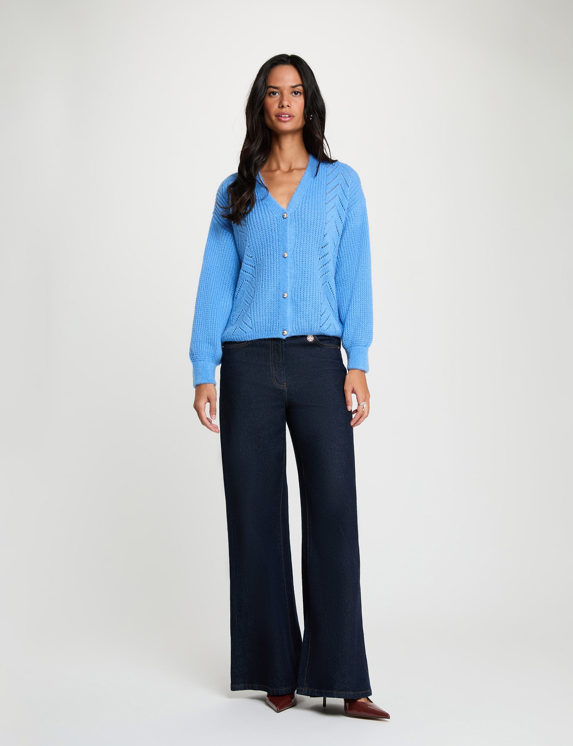 Gilet col v bleu femme