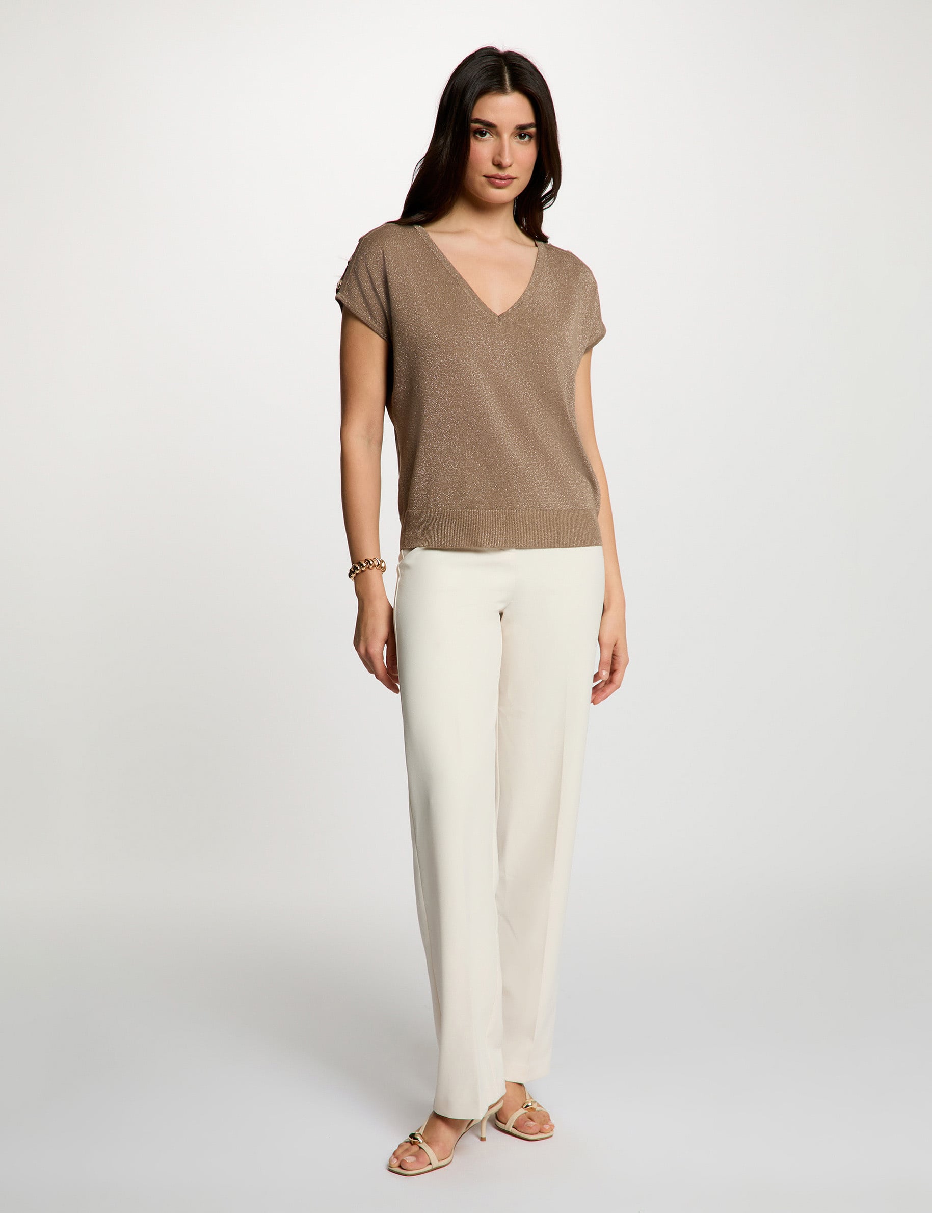 Pull oversize col v taupe femme