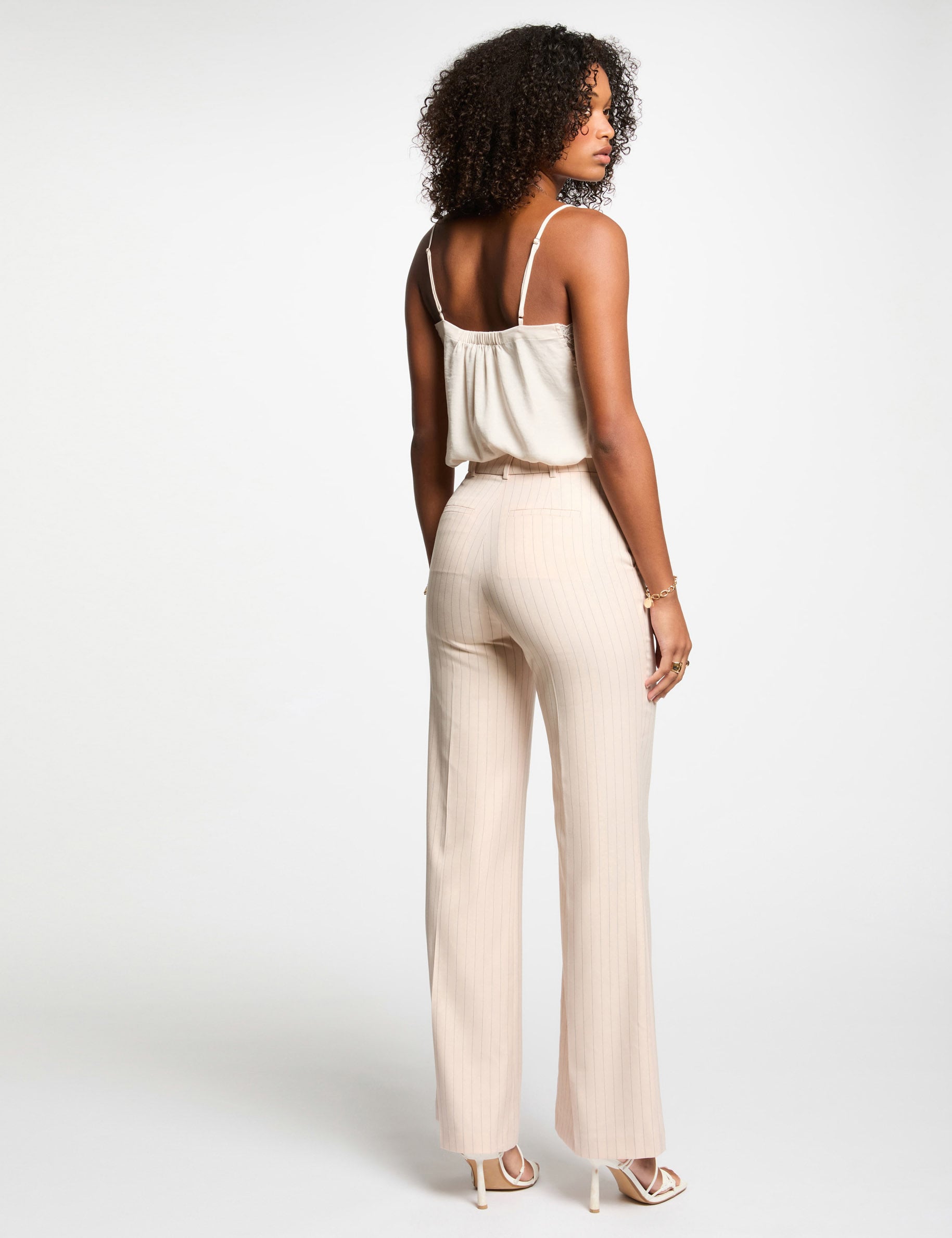 Pantalon large ray&eacute; rose clair femme