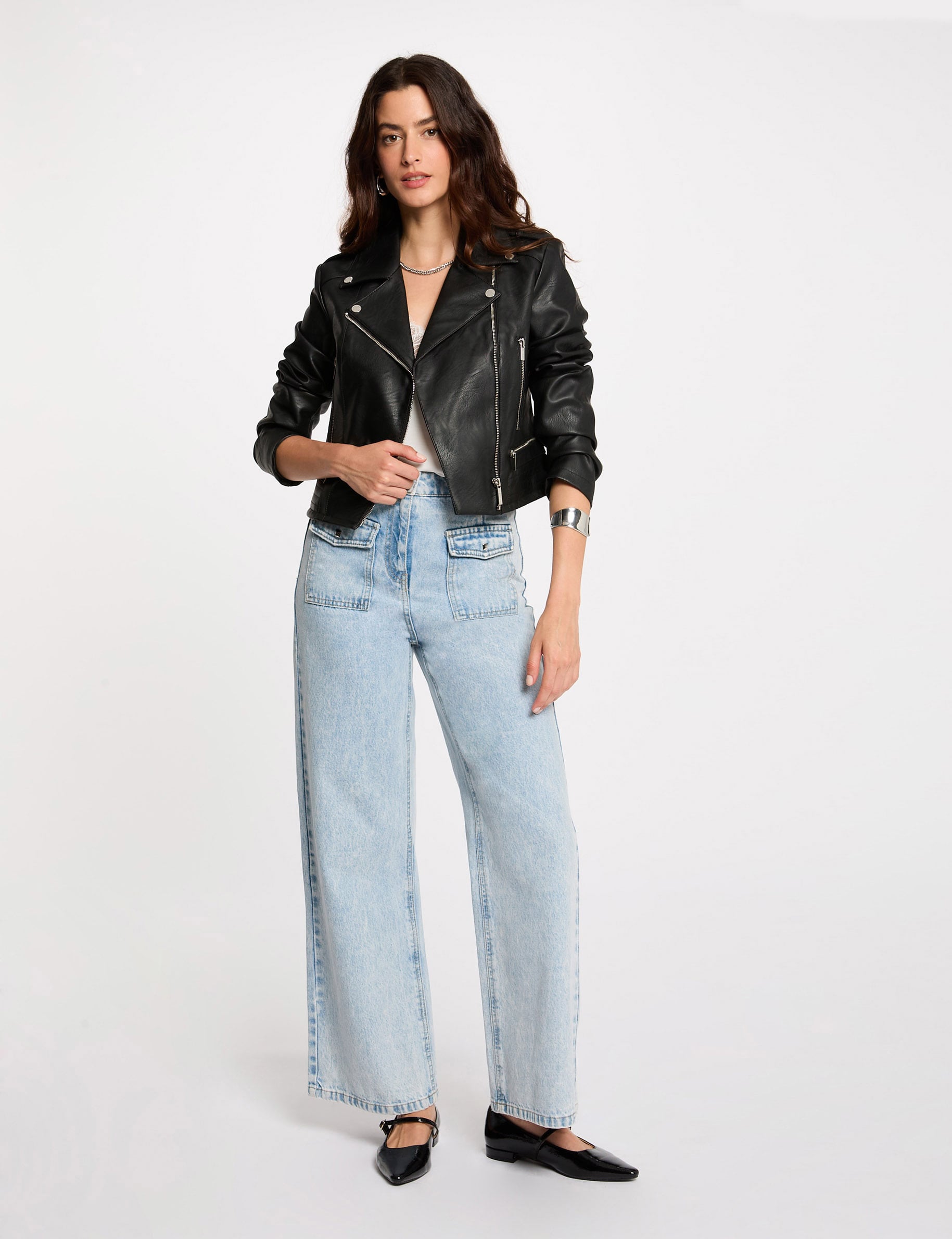 Blouson droit avec col crant&eacute; &agrave; revers noir femme
