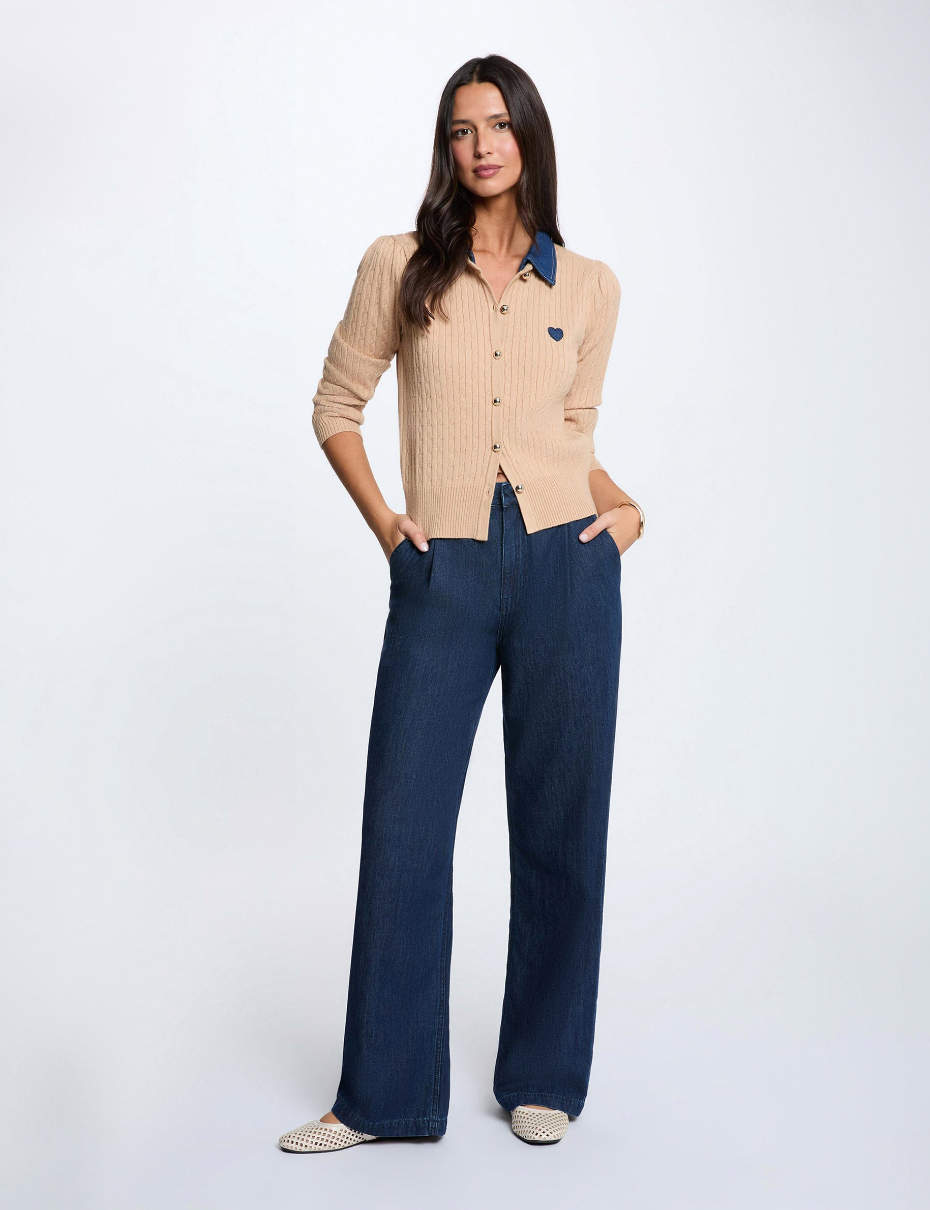 Pull col revers boutons camel femme