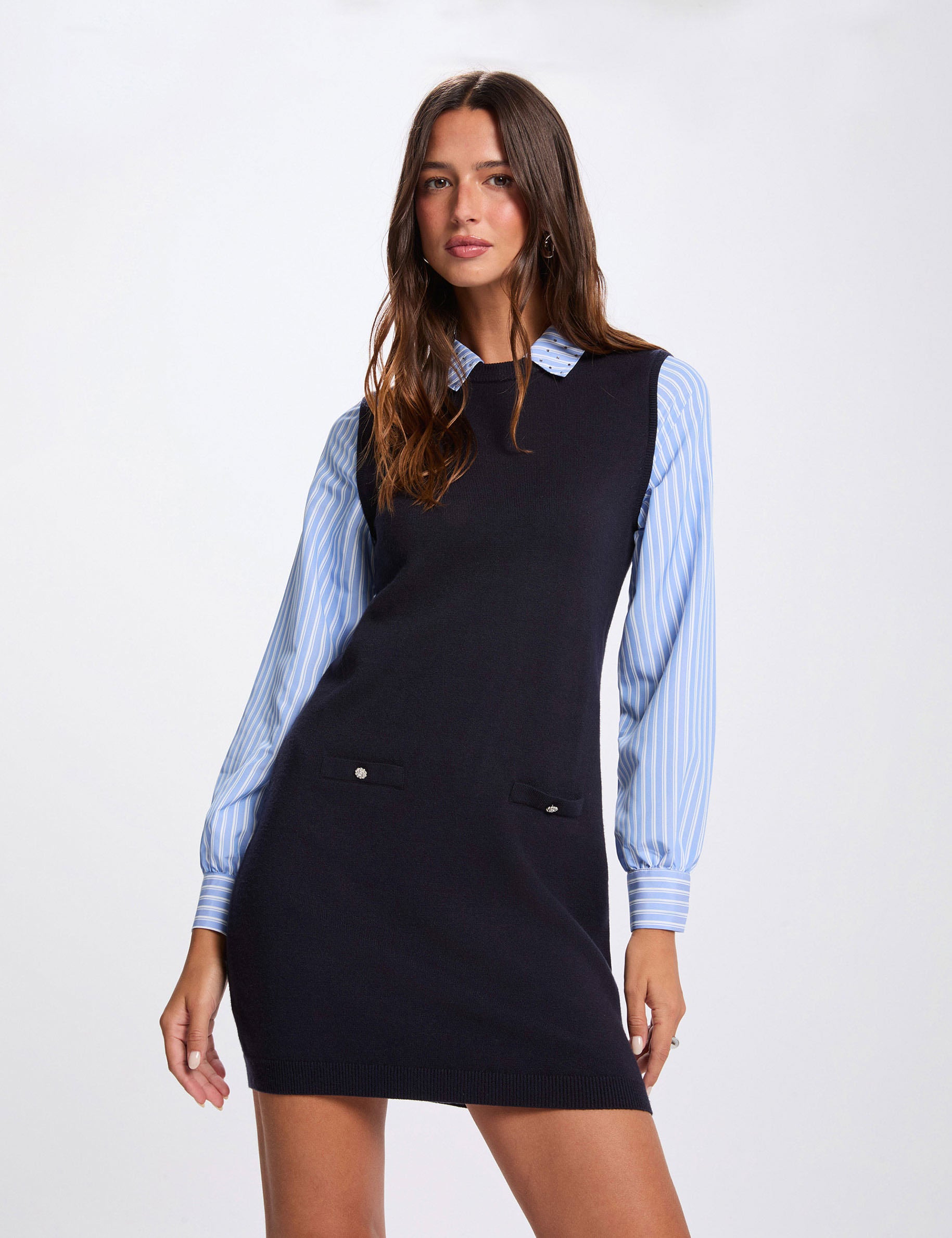Robe tricot courte cintr&eacute;e bleu marine femme
