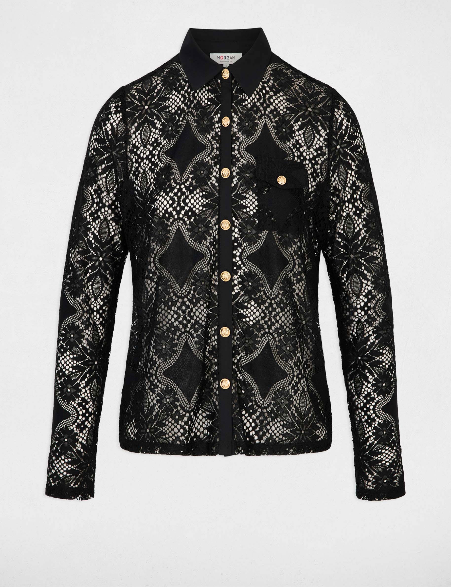 Chemise dentelle col &agrave; revers noir femme