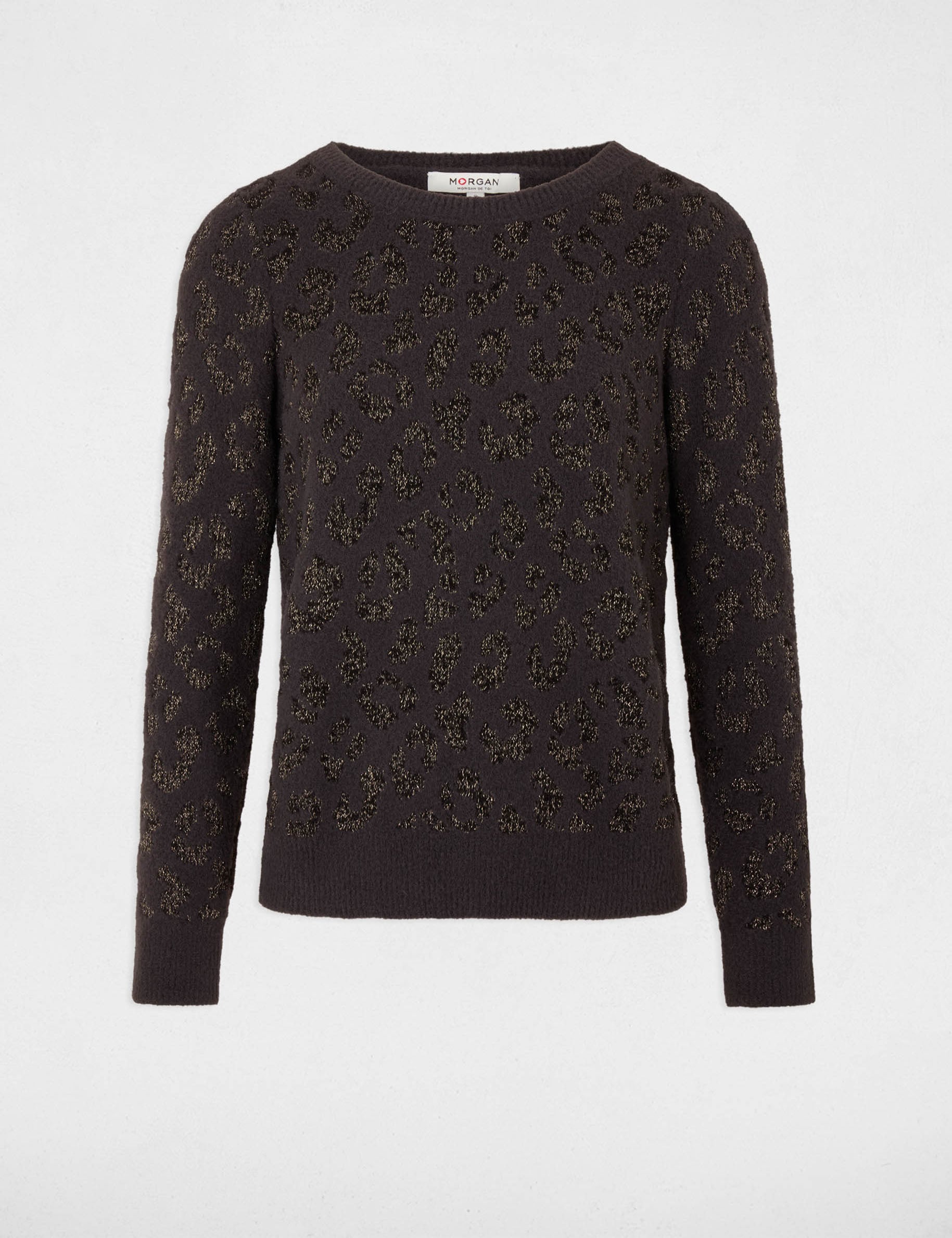 Pull col rond imprim&eacute; gris anthracite femme