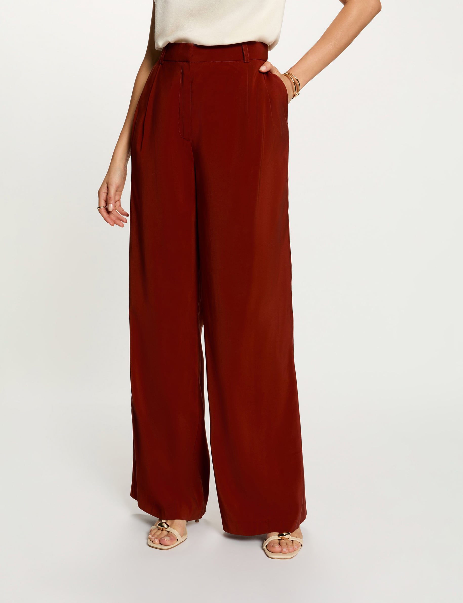 Pantalon large fluide marron cognac femme