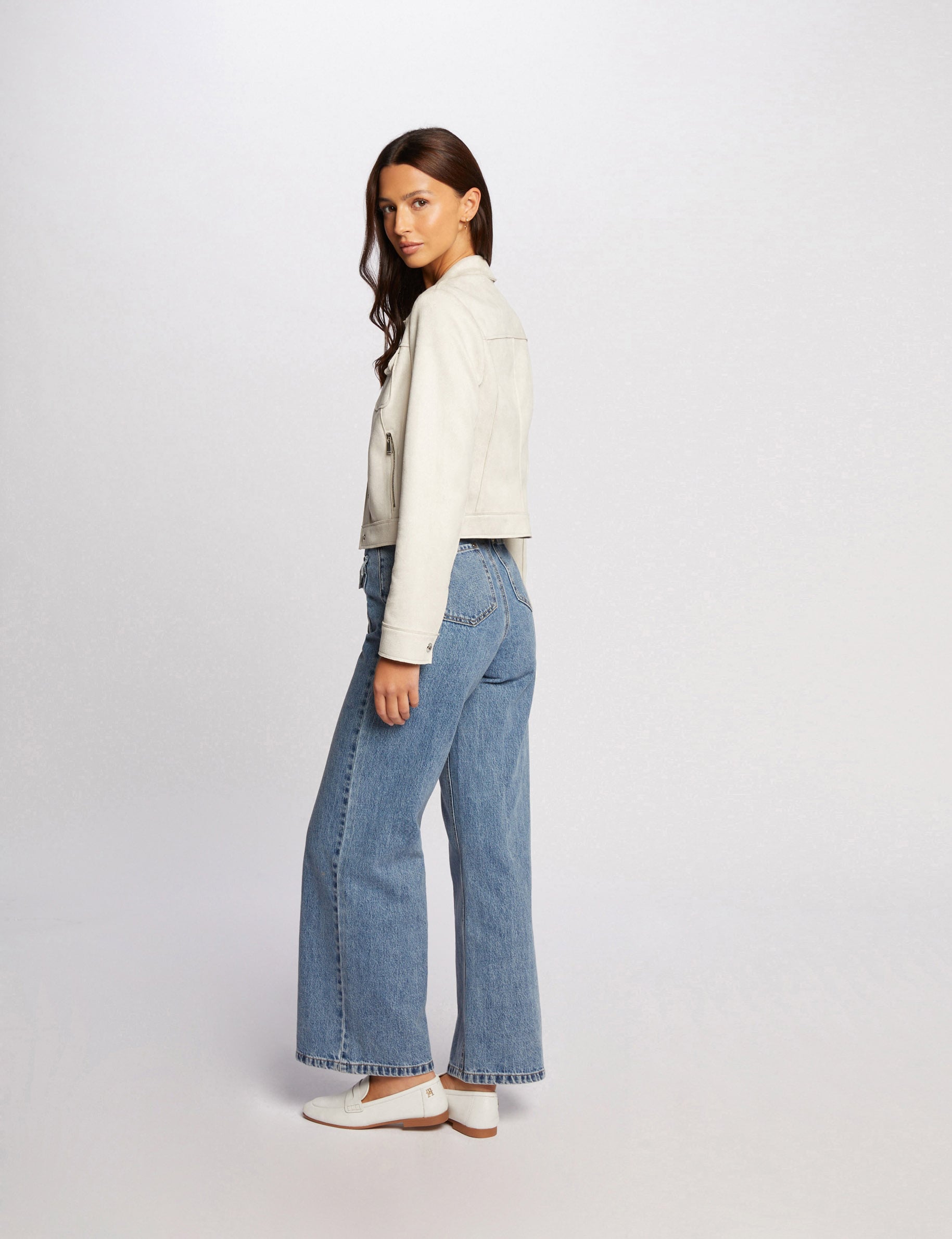 Blouson su&eacute;dine boutonn&eacute; ecru femme