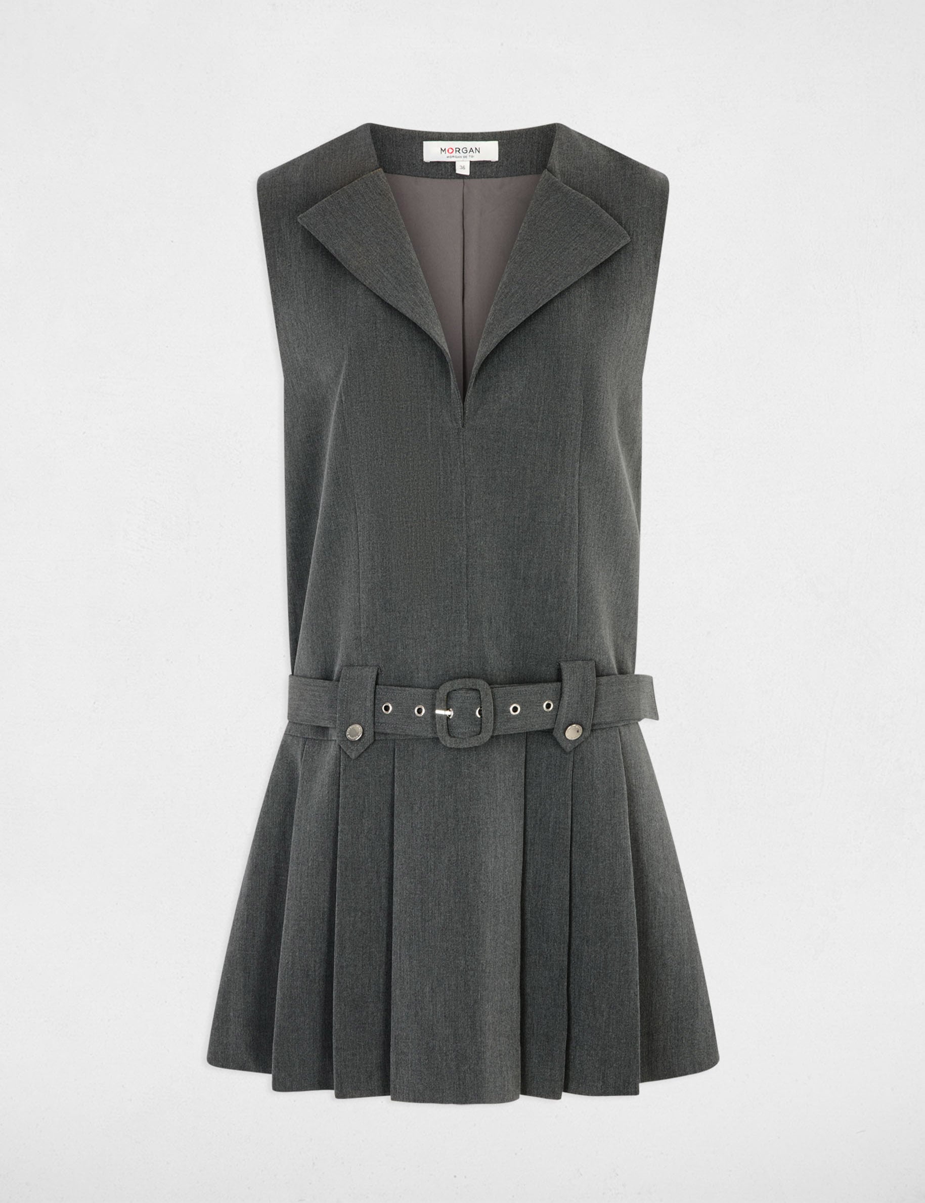 Robe ceintur&eacute;e col v gris moyen femme