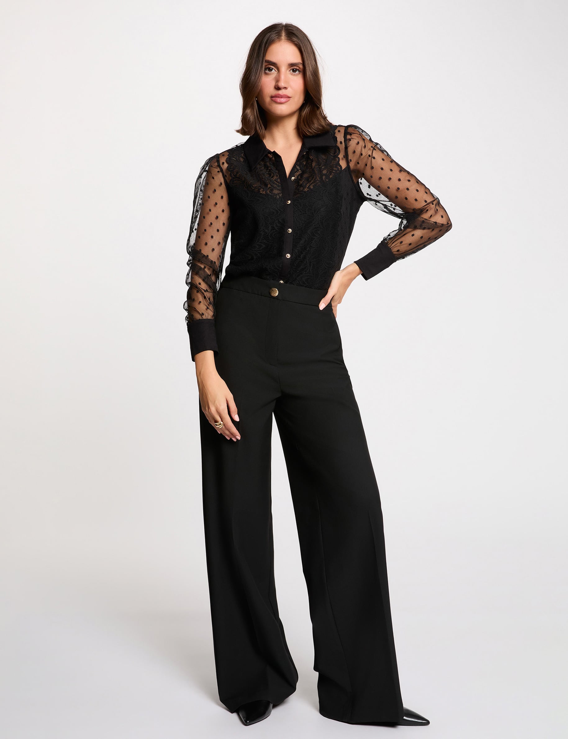 T-shirt dentelle manches longues noir femme