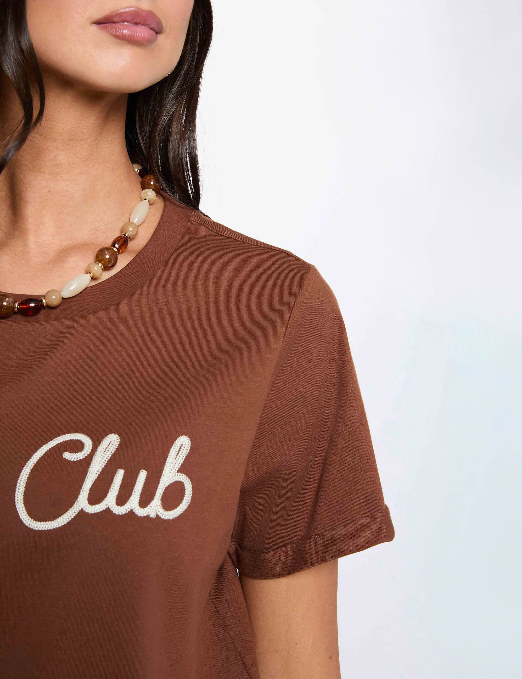 T-shirt col rond manches courtes marron cognac femme