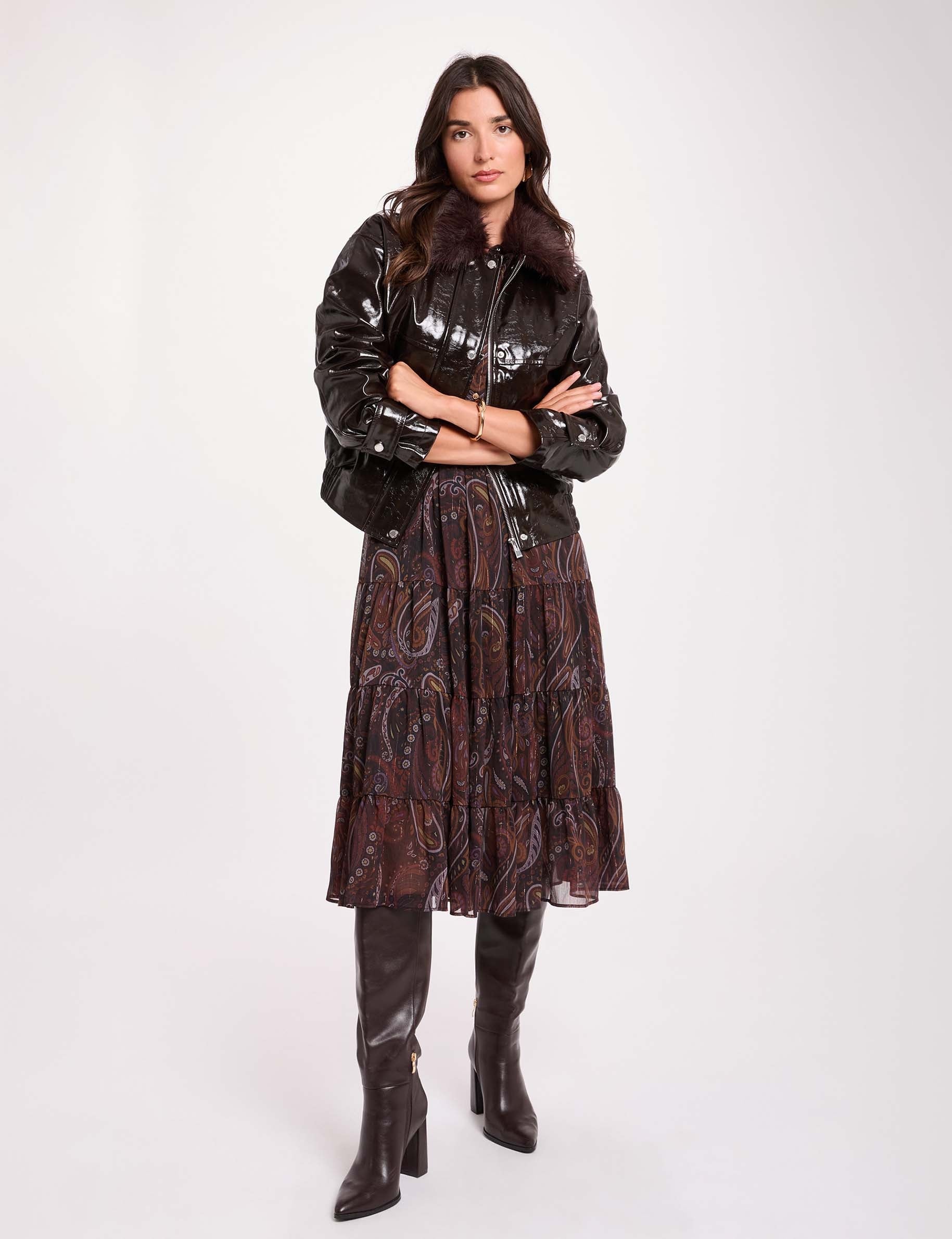 Blouson col fourrure marron fonc&eacute; femme