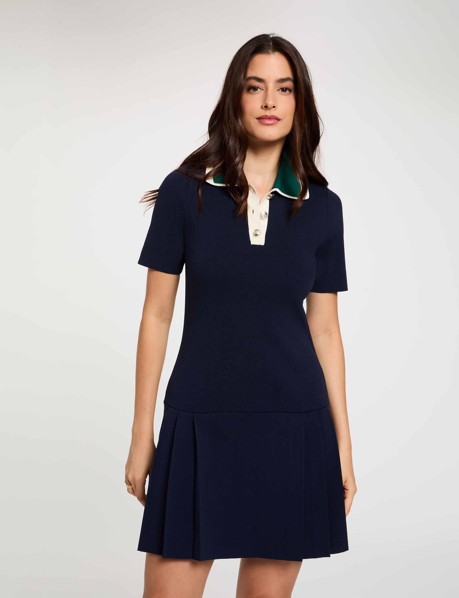 Robe tricot pliss&eacute;e bleu marine femme