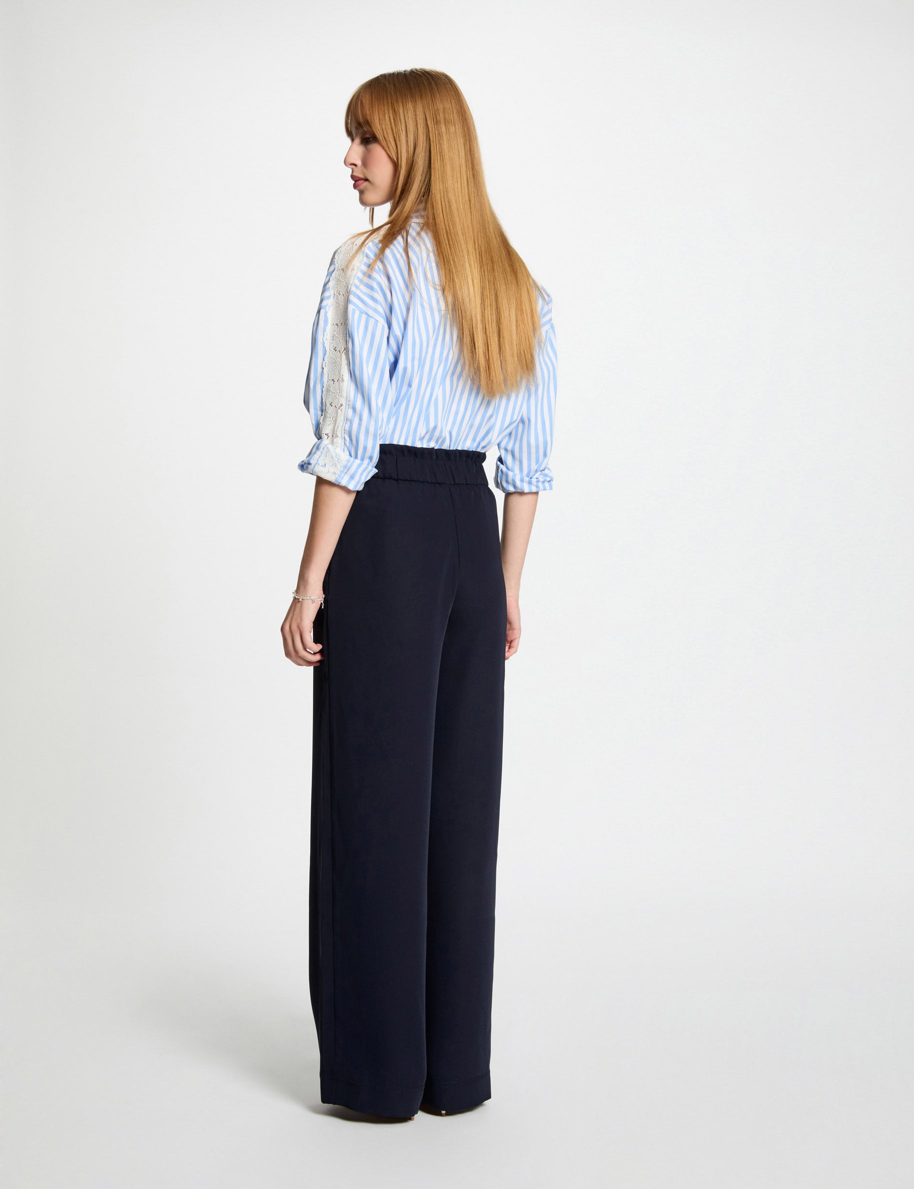 Pantalon large &agrave; fronces bleu marine femme