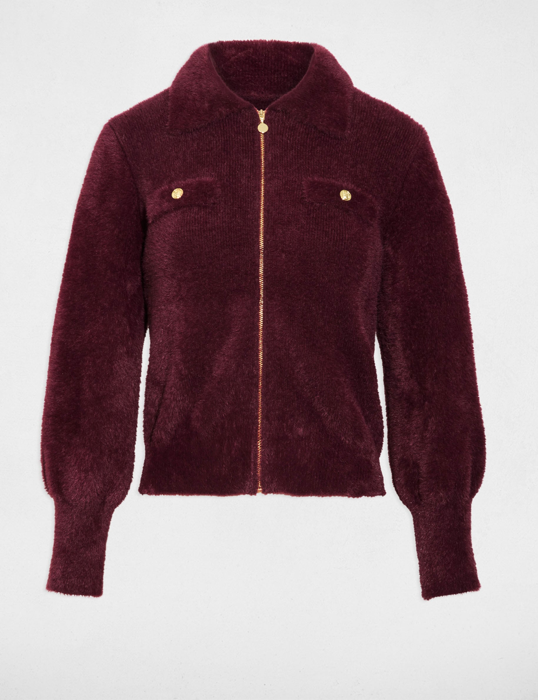 Gilet manches longues col &agrave; revers prune femme