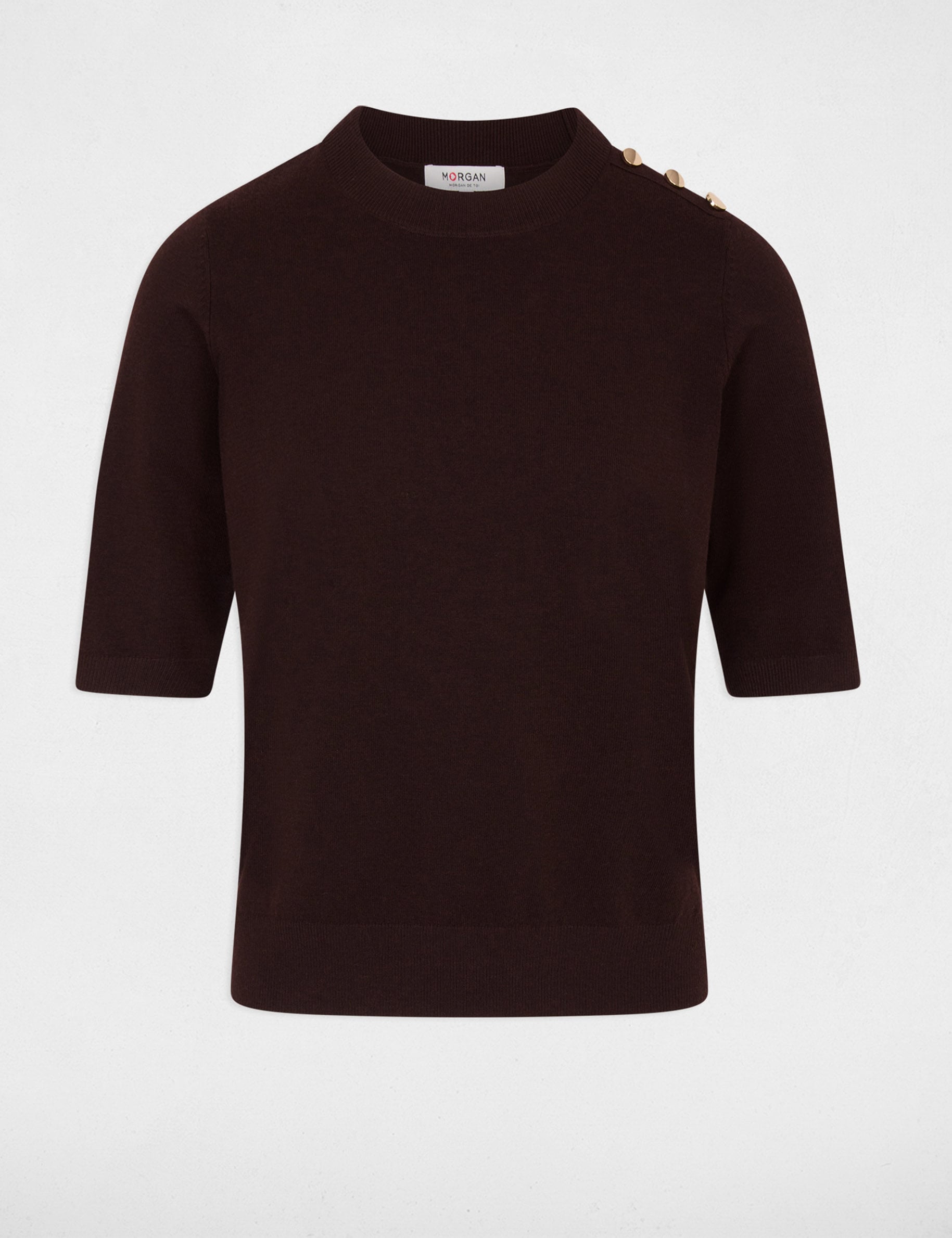 Pull col rond manches courtes marron fonc&eacute; femme