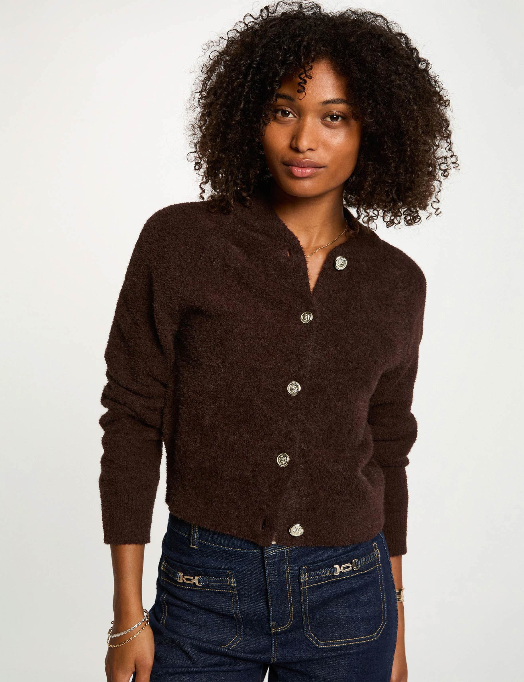 Gilet manches longues marron fonc&eacute; femme