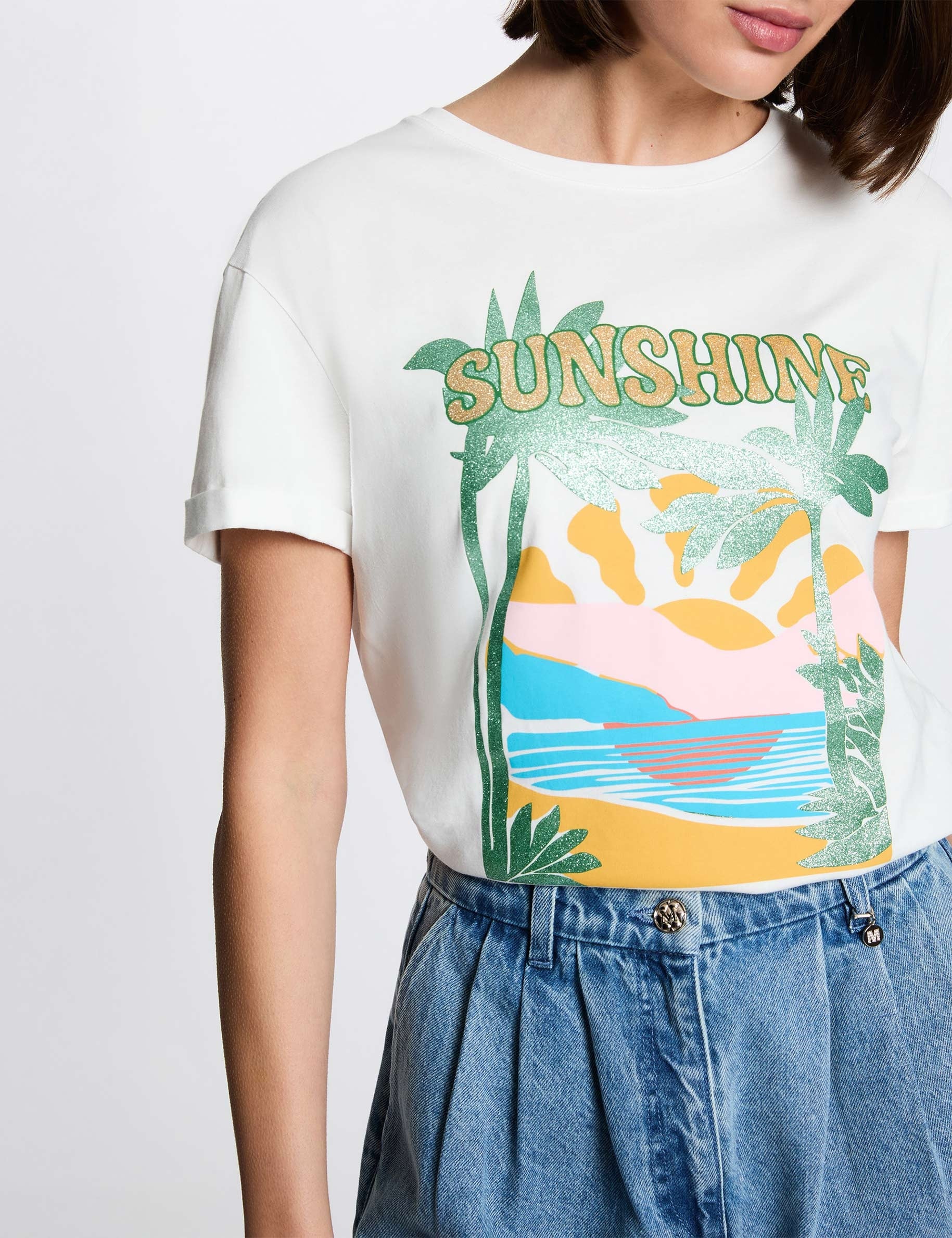 T-shirt imprim&eacute; col rond blanc femme