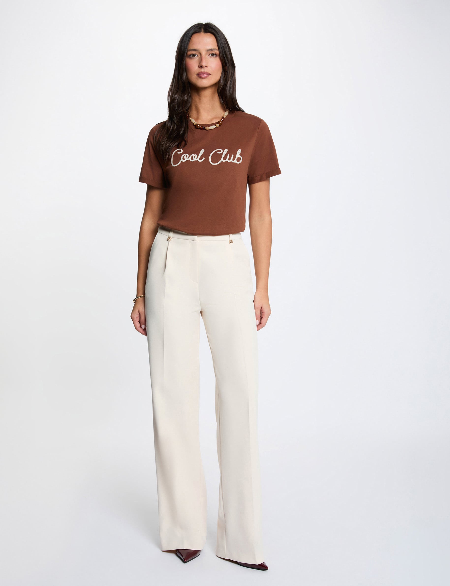 T-shirt col rond manches courtes marron cognac femme
