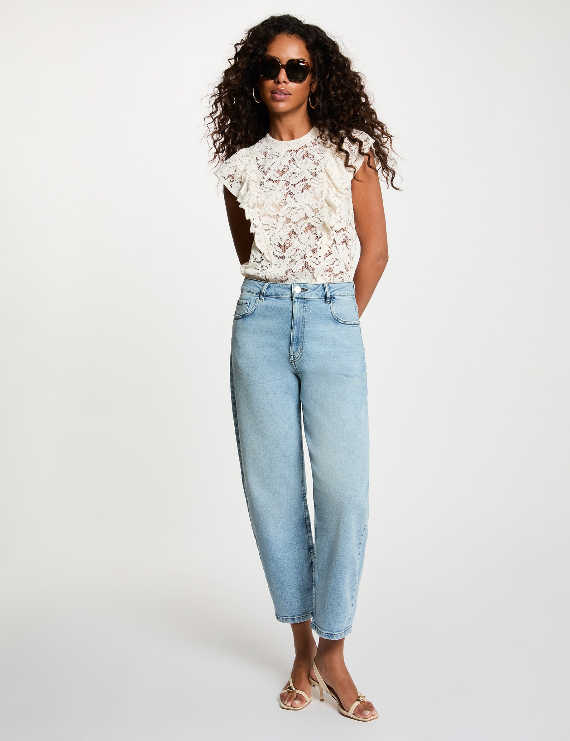 Blouse dentelle col montant ivoire femme