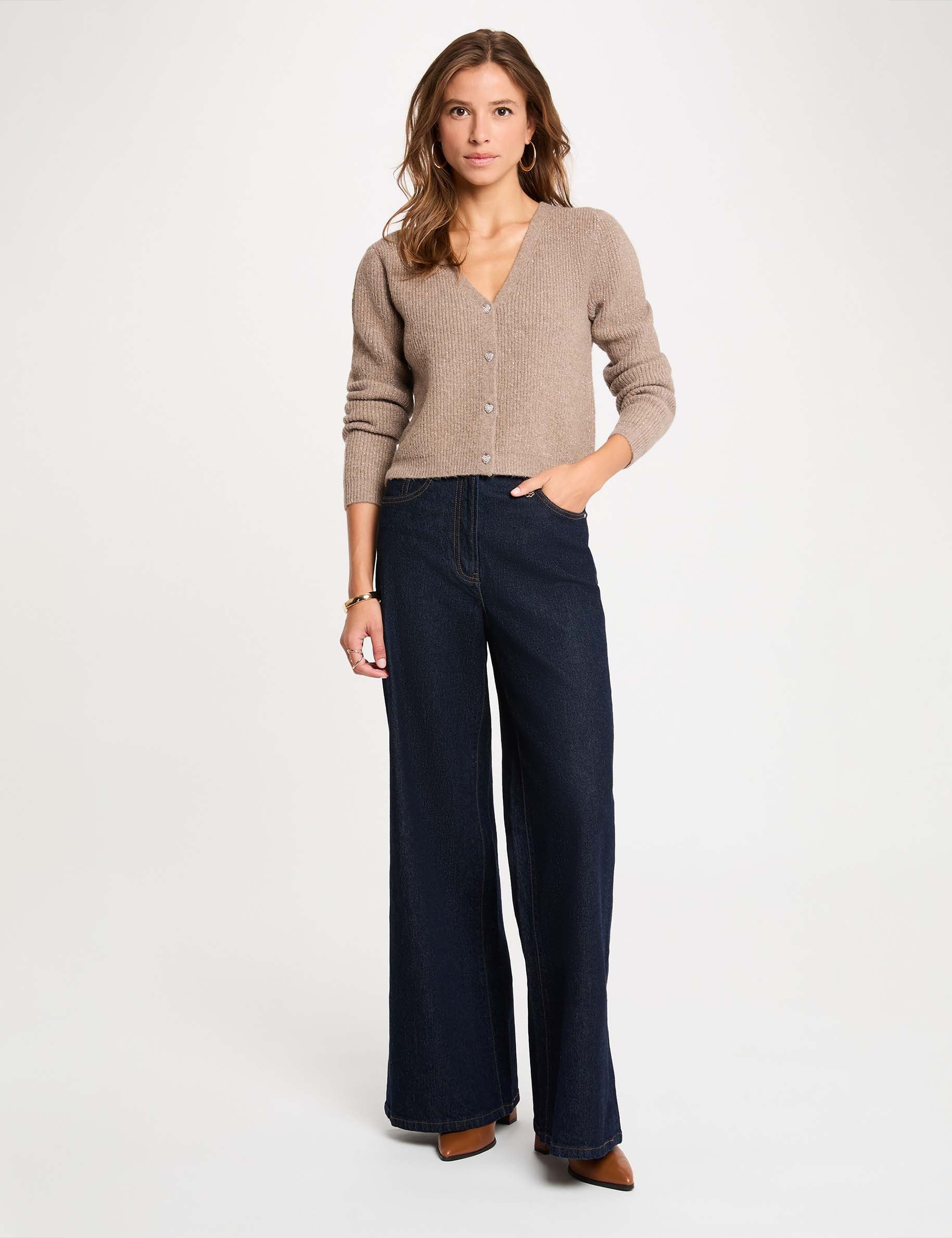 Gilet col en V beige moyen femme