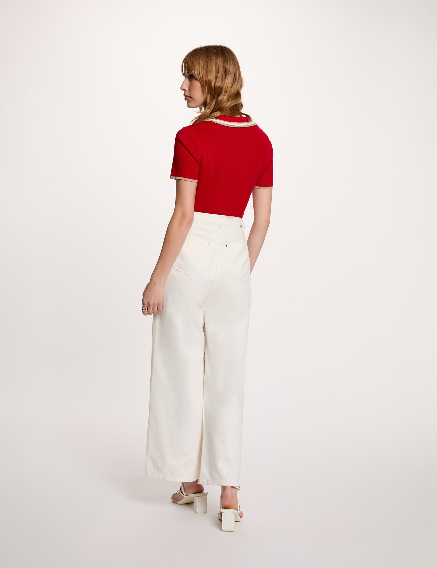 Pull col polo manches courtes rouge femme
