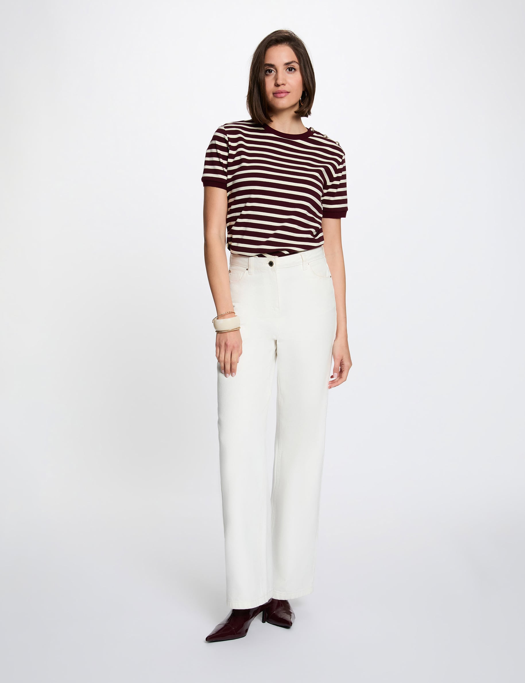 T-shirt ray&eacute; col rond prune femme