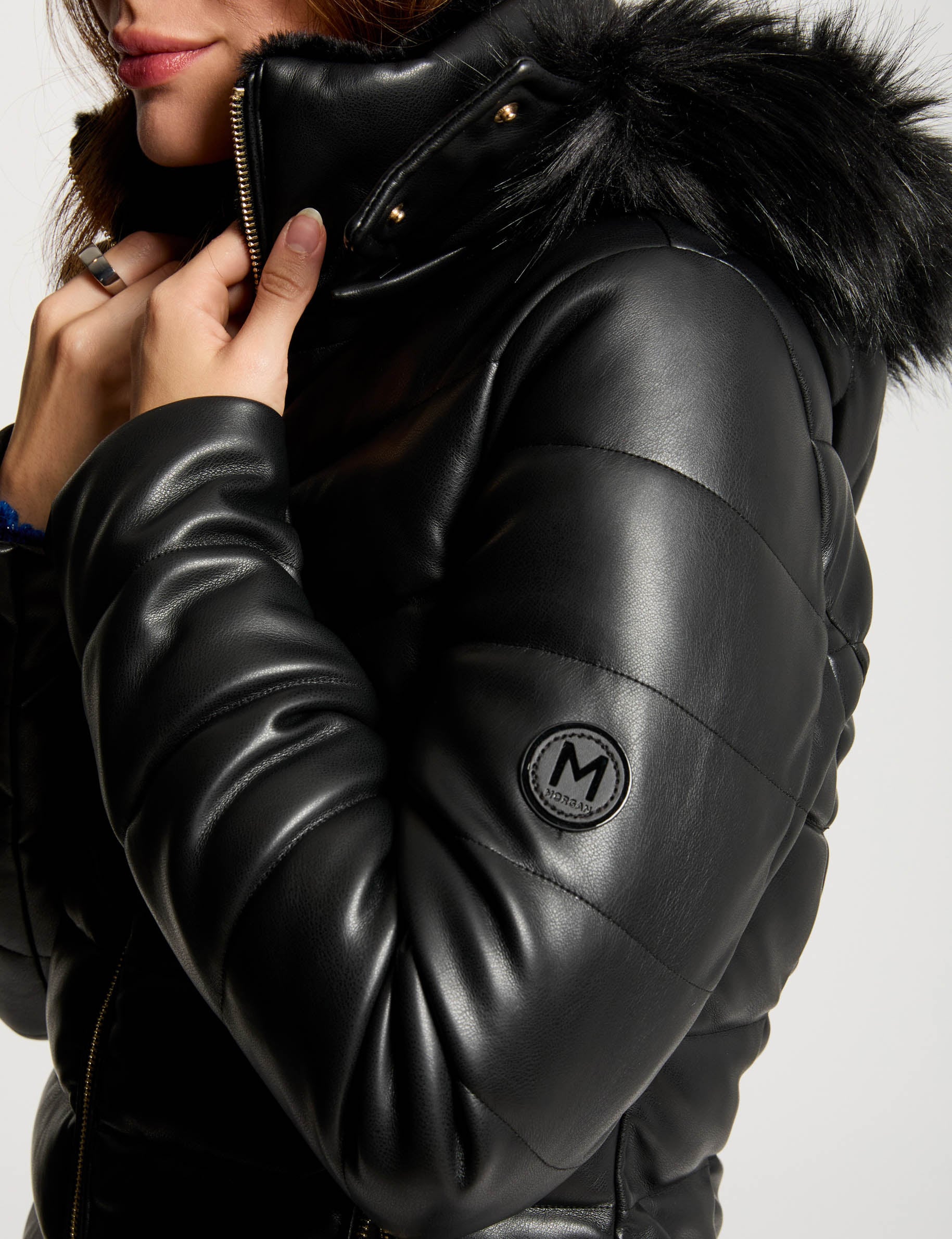 Doudoune simili cuir capuche noir femme