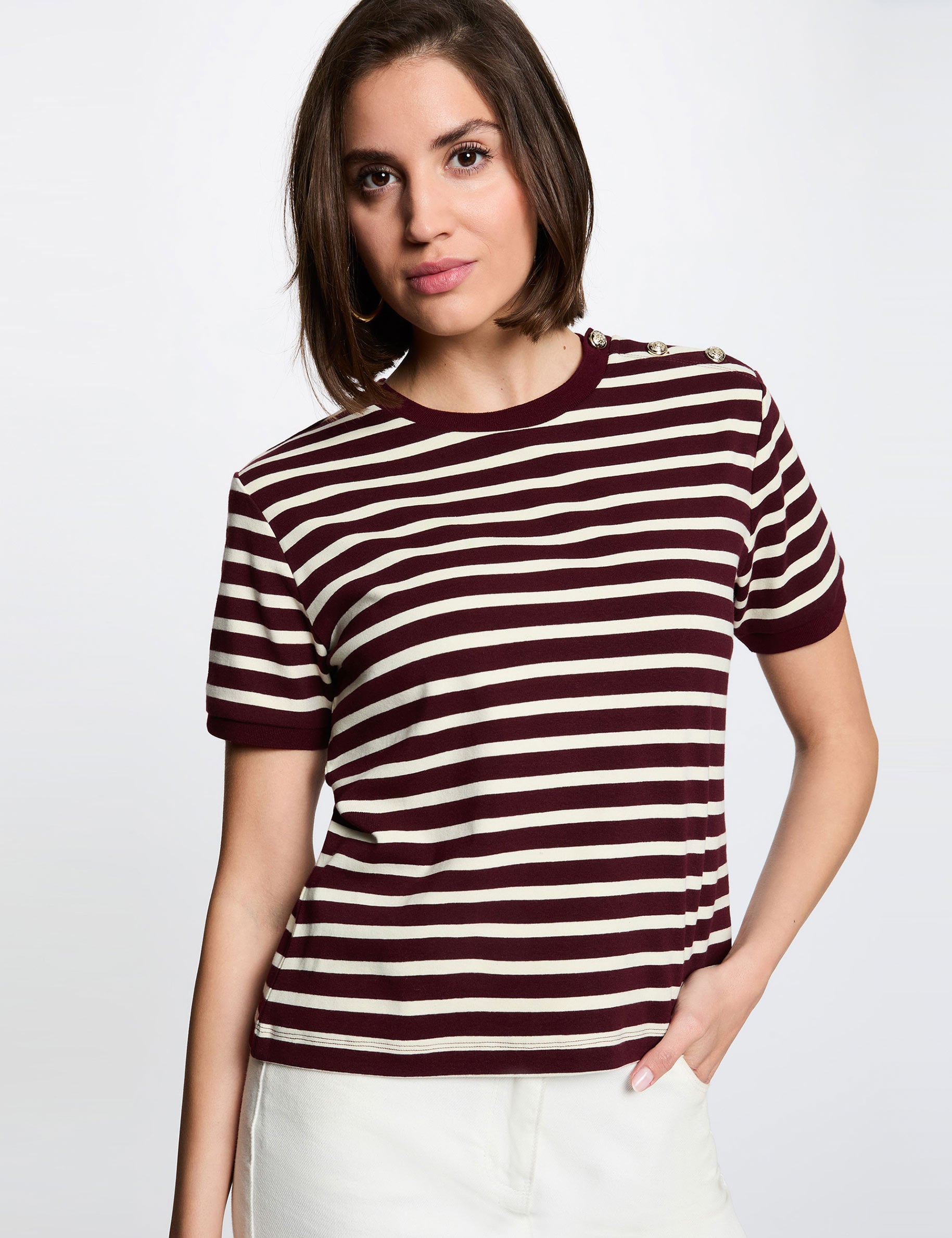T-shirt ray&eacute; col rond prune femme