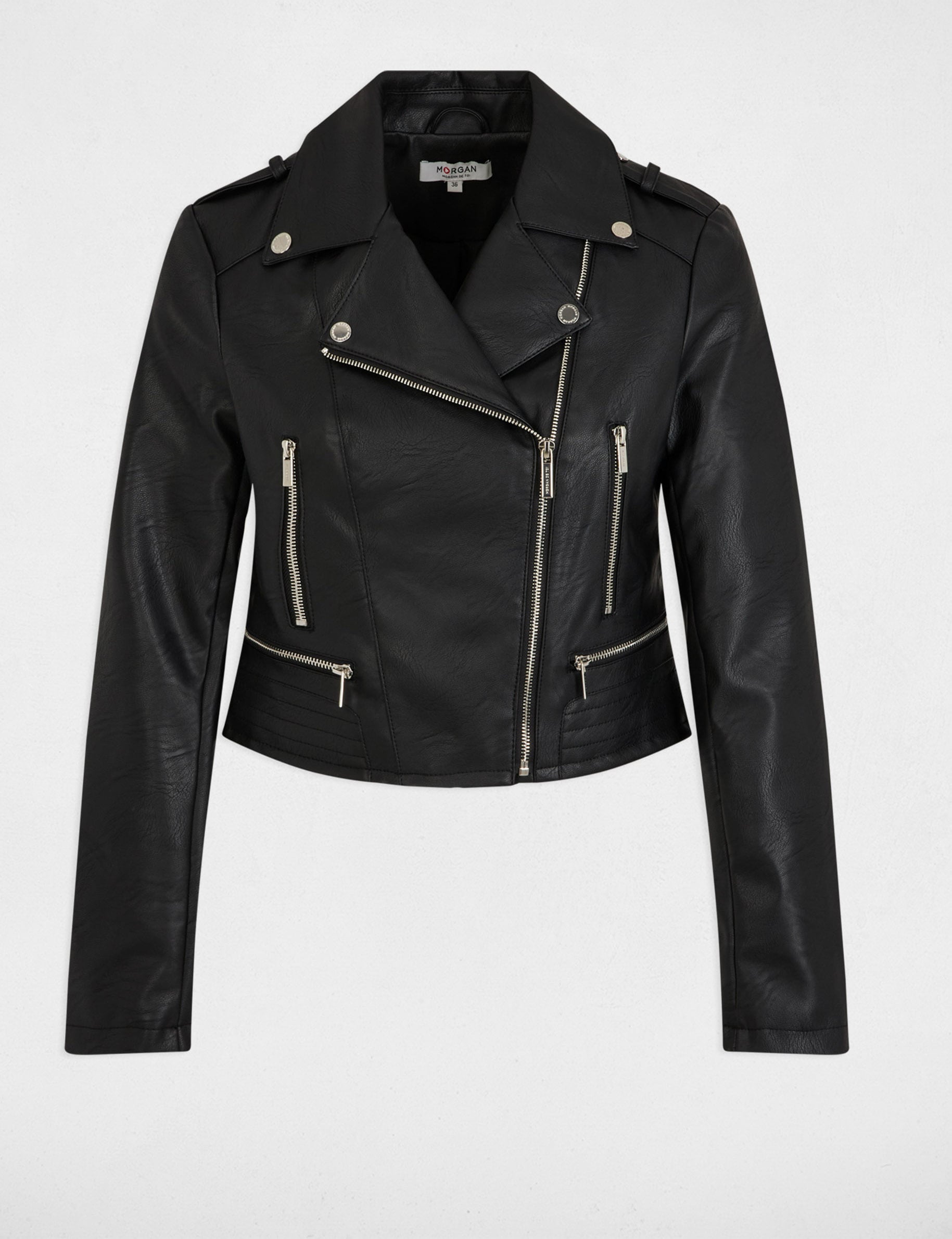 Blouson droit avec col crant&eacute; &agrave; revers noir femme