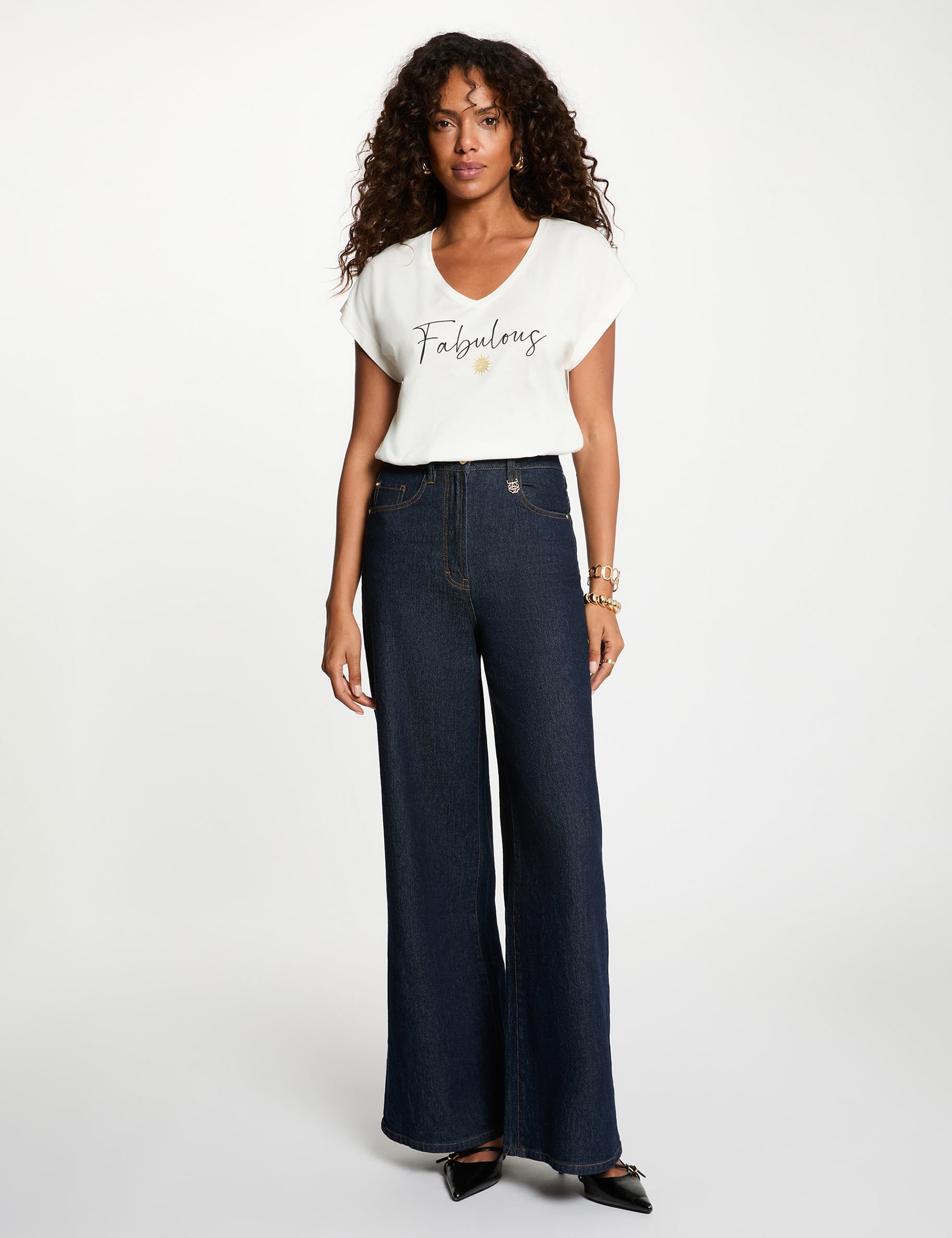 T-shirt col v manches courtes blanc femme