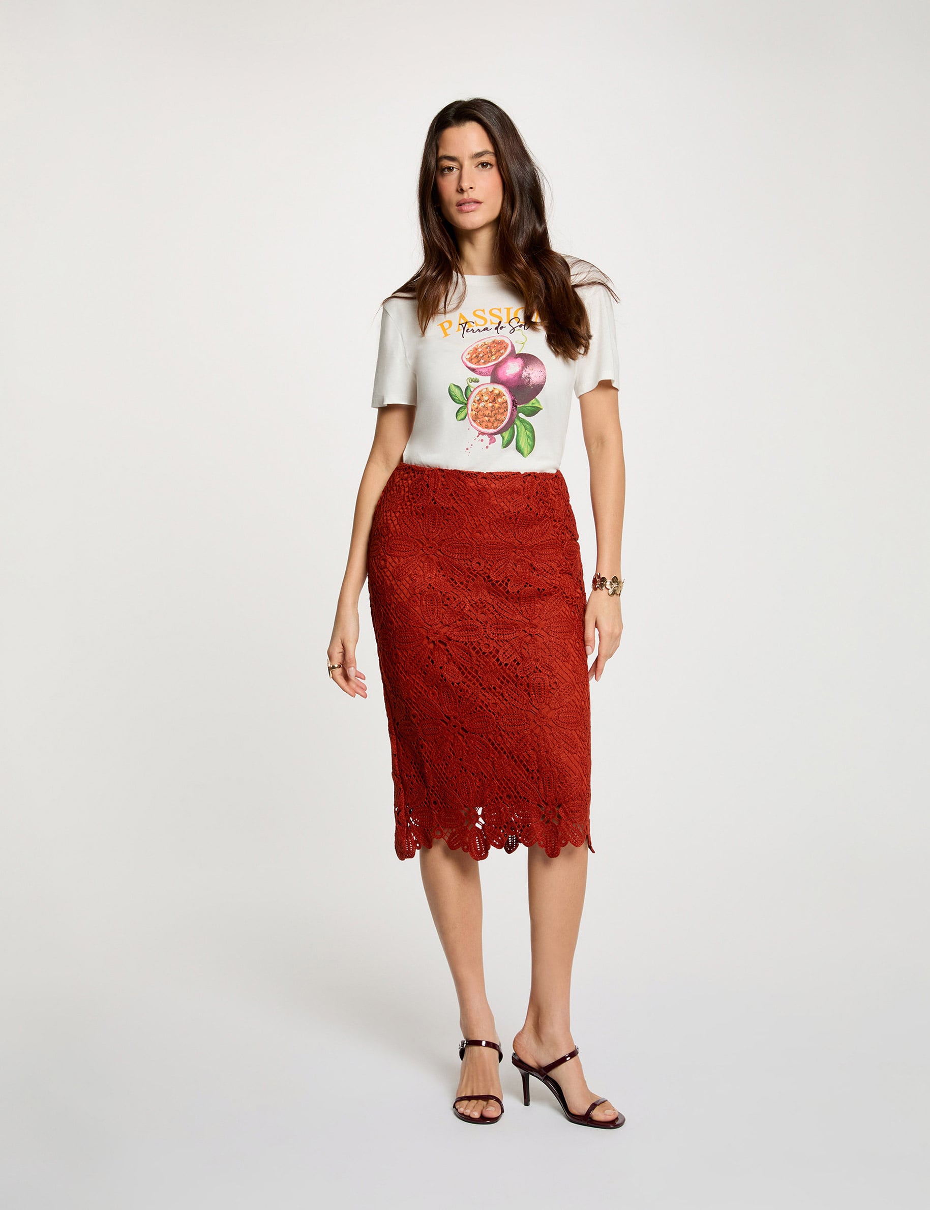 Jupe midi dentelle orange fonc&eacute; femme