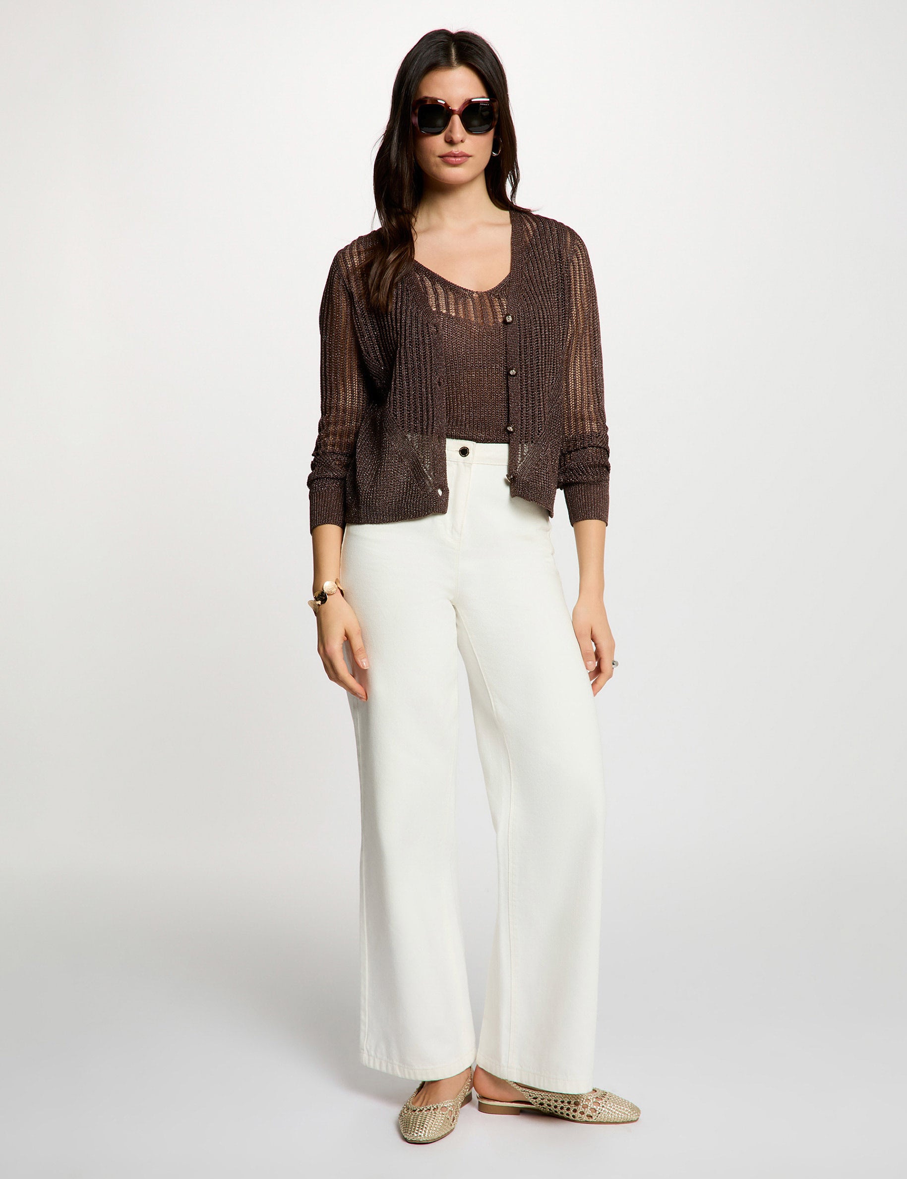Gilet manches longues ajour&eacute; marron fonc&eacute; femme